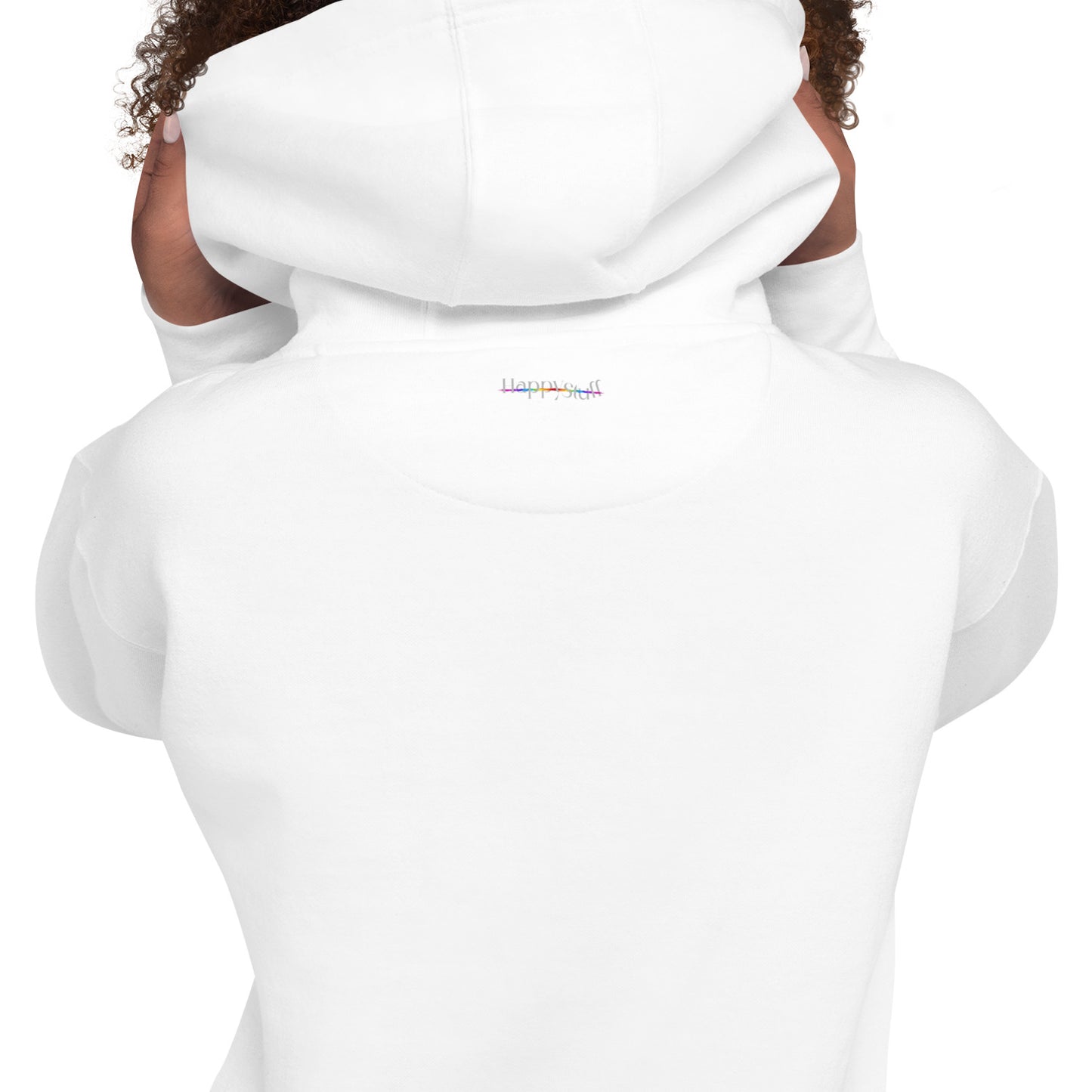 Modern fit all gender white cotton hoodie back view three panel hood HappyStuff logo soft snuggly tailored fit