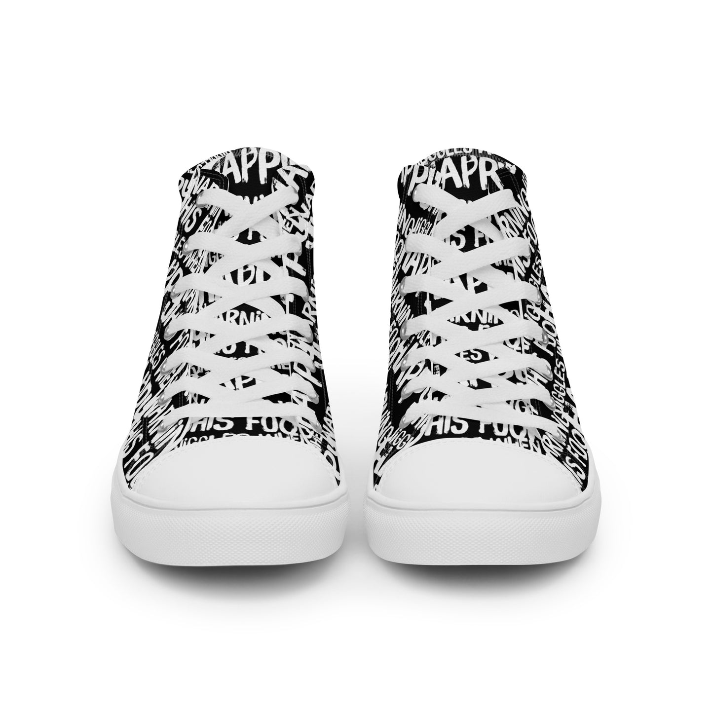Front view laced up womens sneakers HappyStuff black high tops with playful white print Warning This Foot Jiggles When Happy
