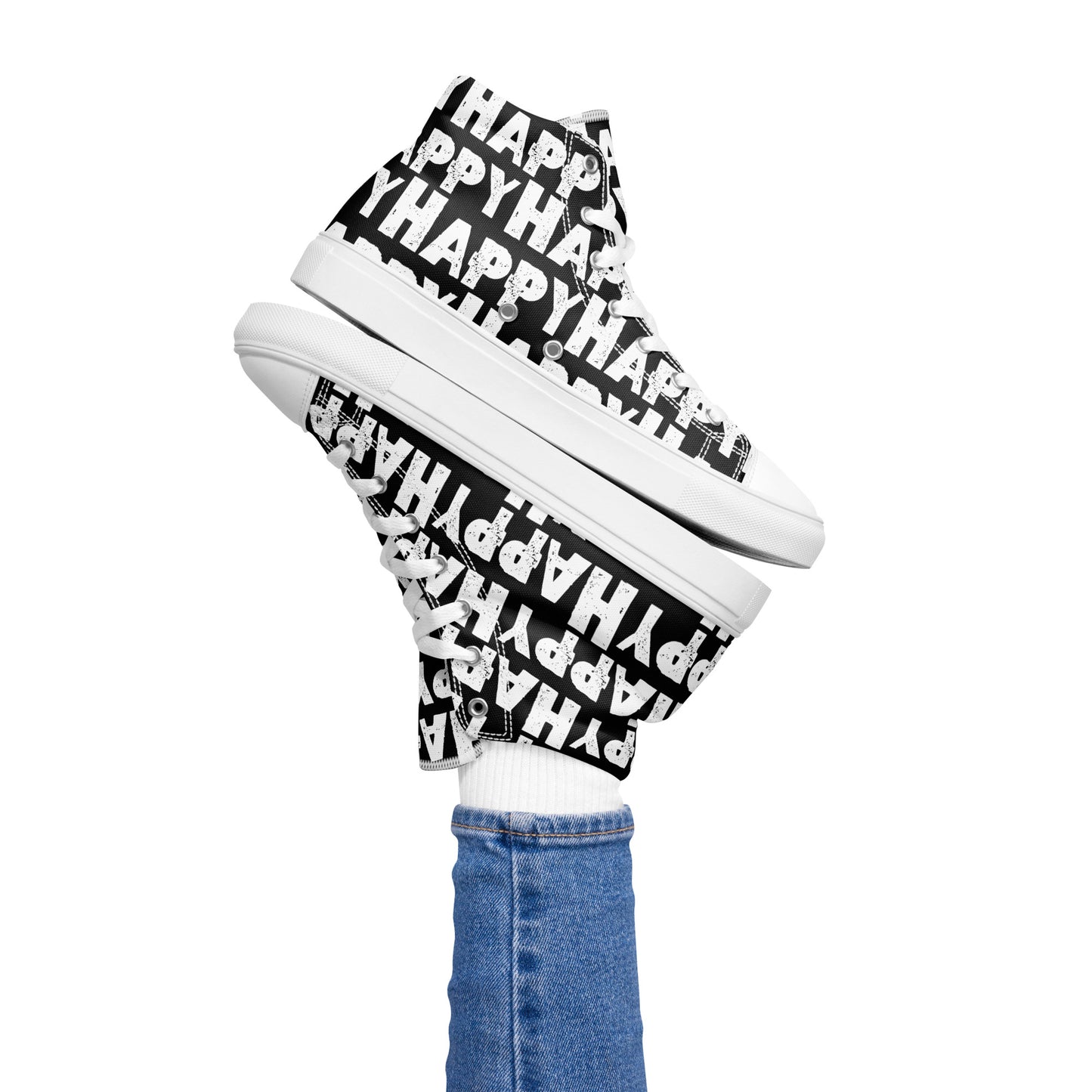 Womans right foot propping up a Happy Sponge Printed High Top Sneaker balancing left HappyStuff fun black and white shoes