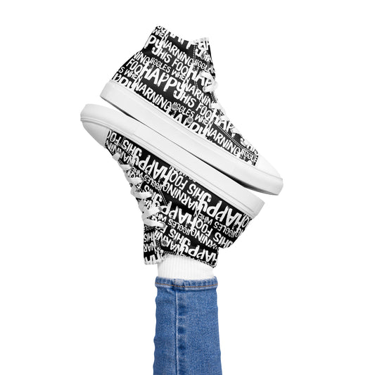 HappyStuff playful black and white print high tops Warning This Foot Jiggles When Happy Right foot balancing left sneaker