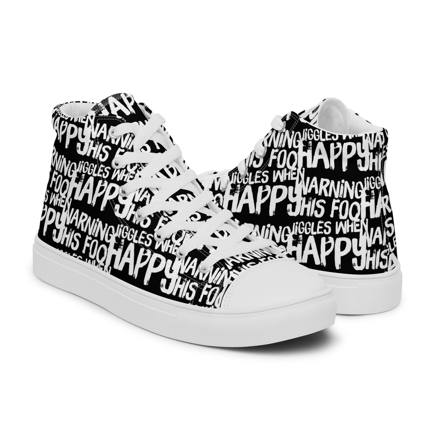 Womens black high tops with playful white print Warning This Foot Jiggles When Happy right shoe front view left shoe back view