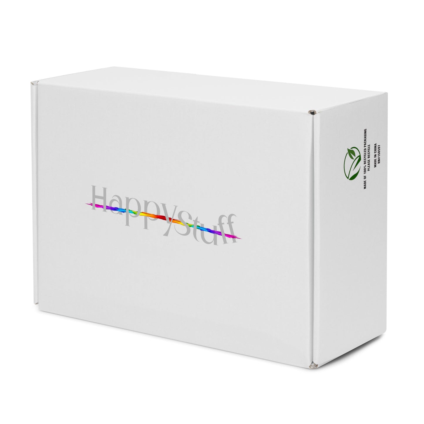 HappyStuff branded eco-friendly sneaker box featuring 100% recycled packaging stamp and rainbow detailed HappyStuff logo