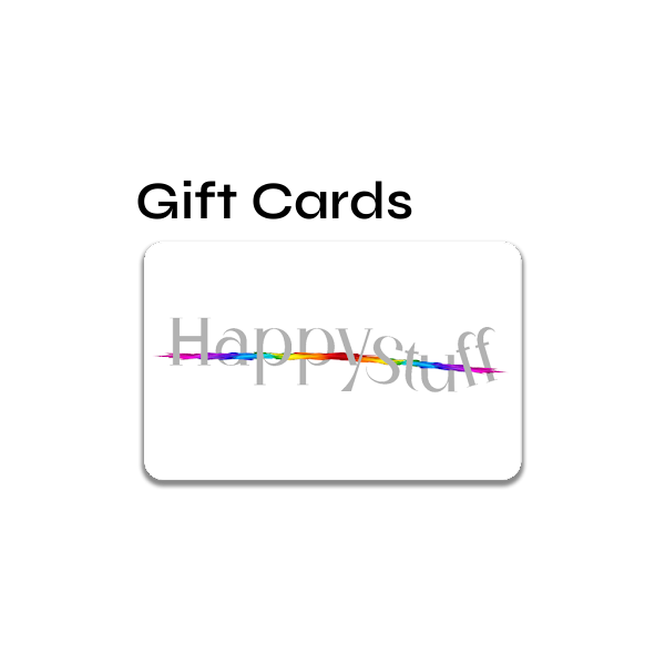 Image of HappyStuff branded gift card with rainbow HappyStuff logo