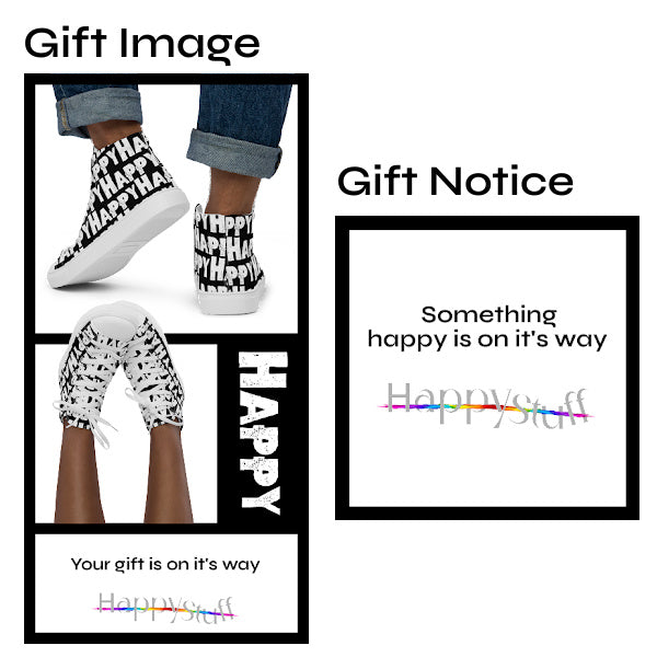 Downloadable Gift Image files of Happy Sponge print black High Tops Gift image and  Gift Notice with rainbow HappyStuff logo