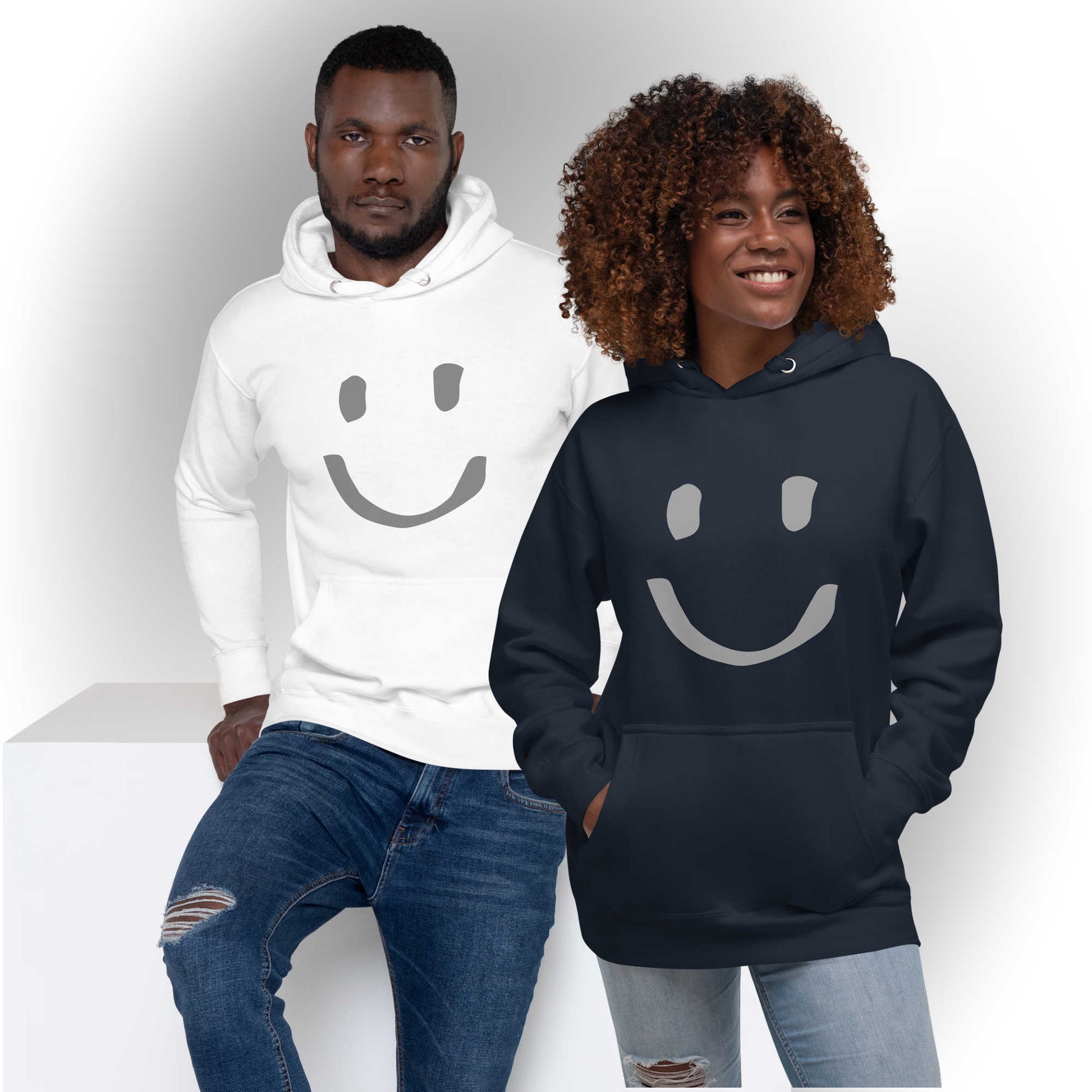 Grey Happy Face Painted modern fit all gender hoodie man wearing white hoodie woman wearing navy hoodie soft snuggly tailored fit happy smiley face HappyStuff