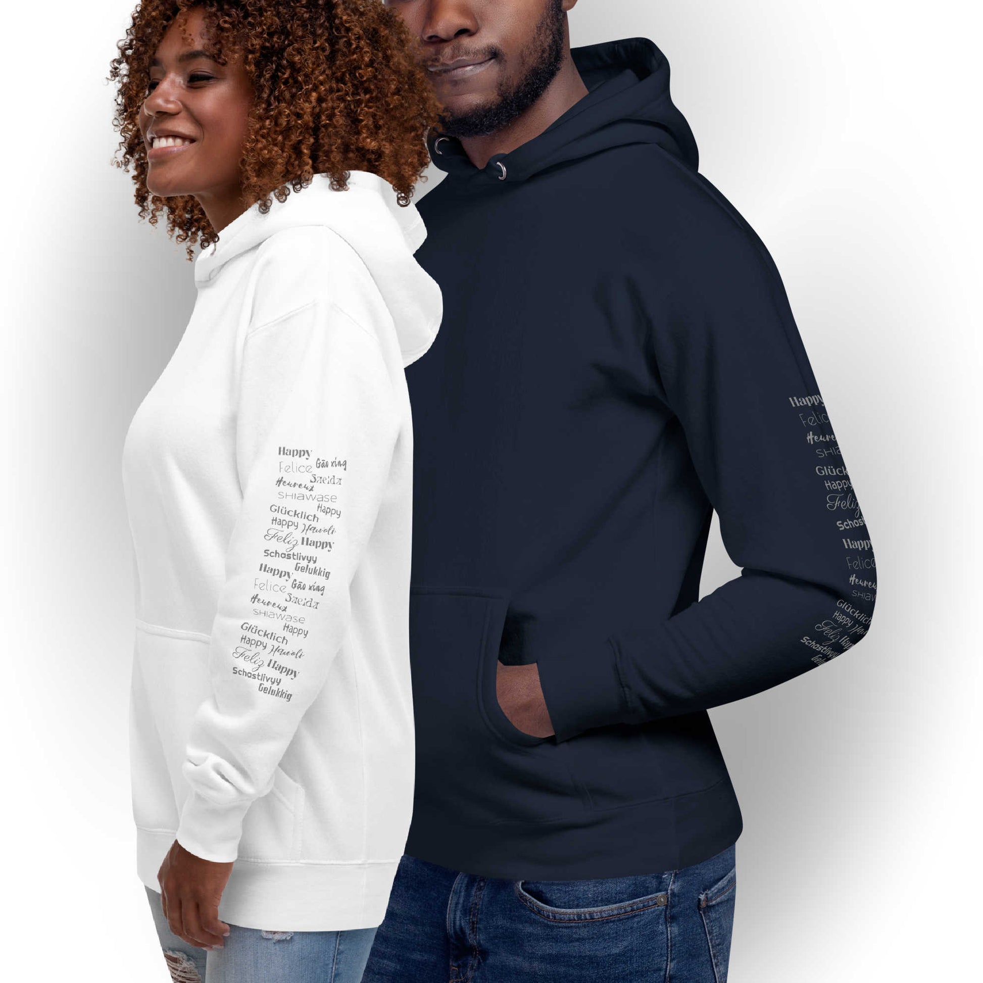 Grey Happy In Any Language Printed left sleeve modern fit all gender hoodie man wearing white hoodie woman wearing navy hoodie tailored fit soft snuggly HappyStuff