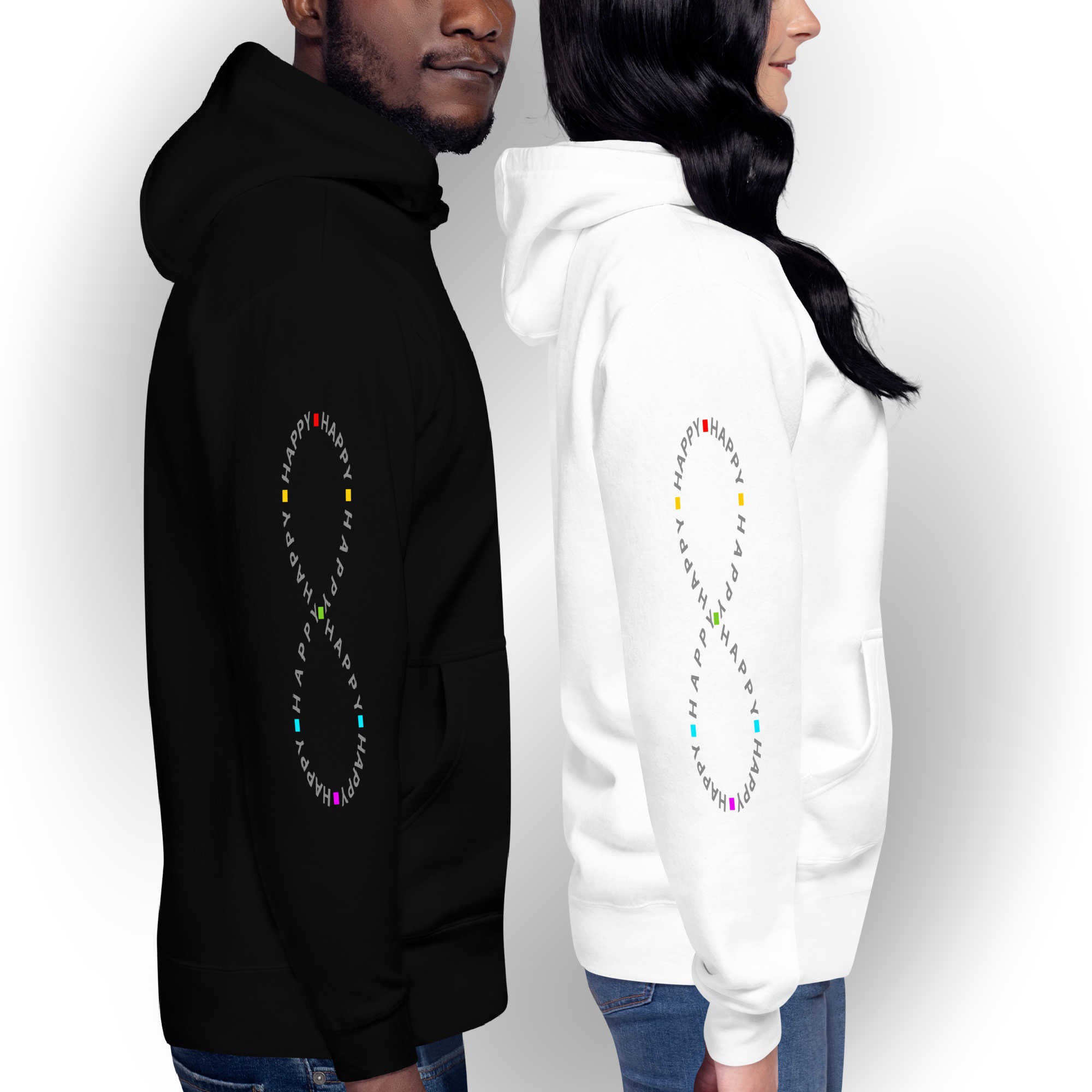 Be happy black shop and white hoodie