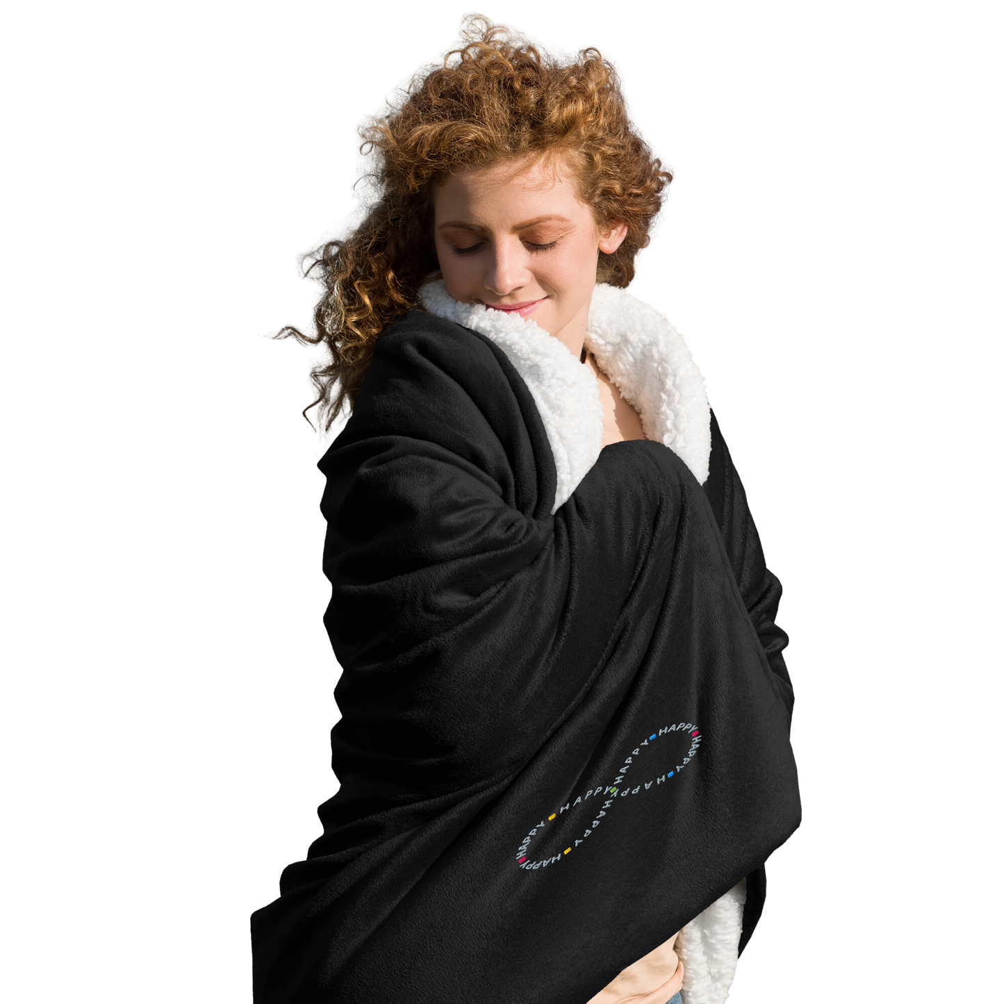 Cozy happy young woman wrapped in soft black sherpa throw blanket with a happy embroidered infinity symbol HappyStuff