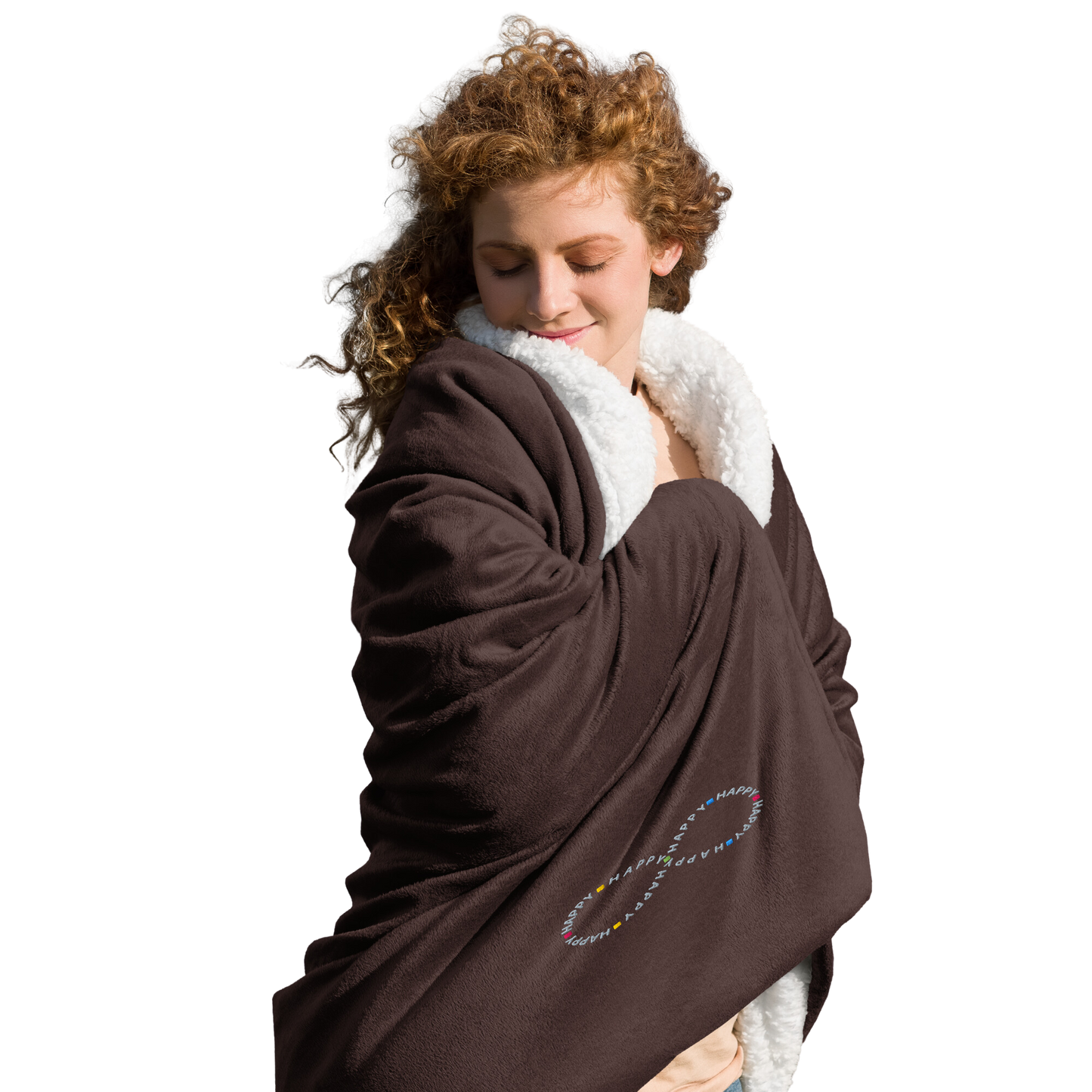 Cozy happy young woman wrapped in soft brown sherpa throw blanket with a happy embroidered infinity symbol HappyStuff