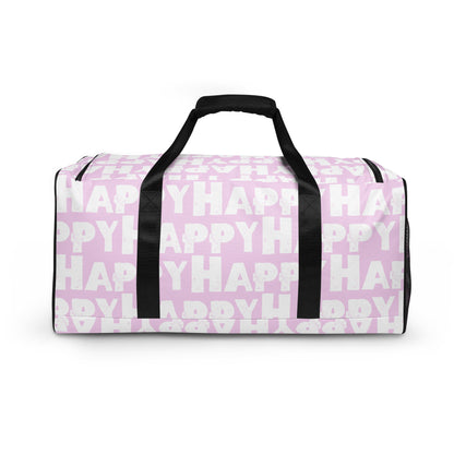 Side view Duffle bag Happy sponge print black and white on pink water-resistant durable gym bag padded handles HappyStuff Brand