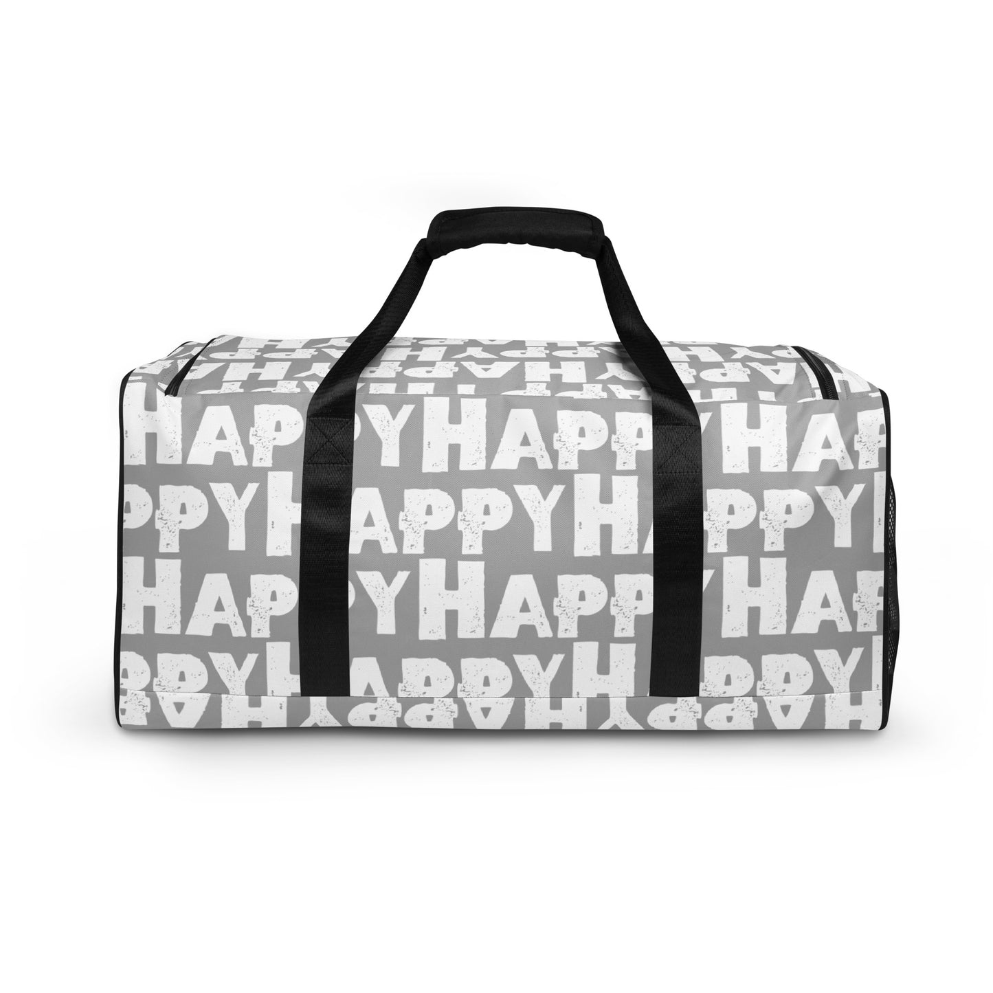 Side view Duffle bag Happy sponge print black and white on grey water-resistant durable gym bag padded handles HappyStuff Brand