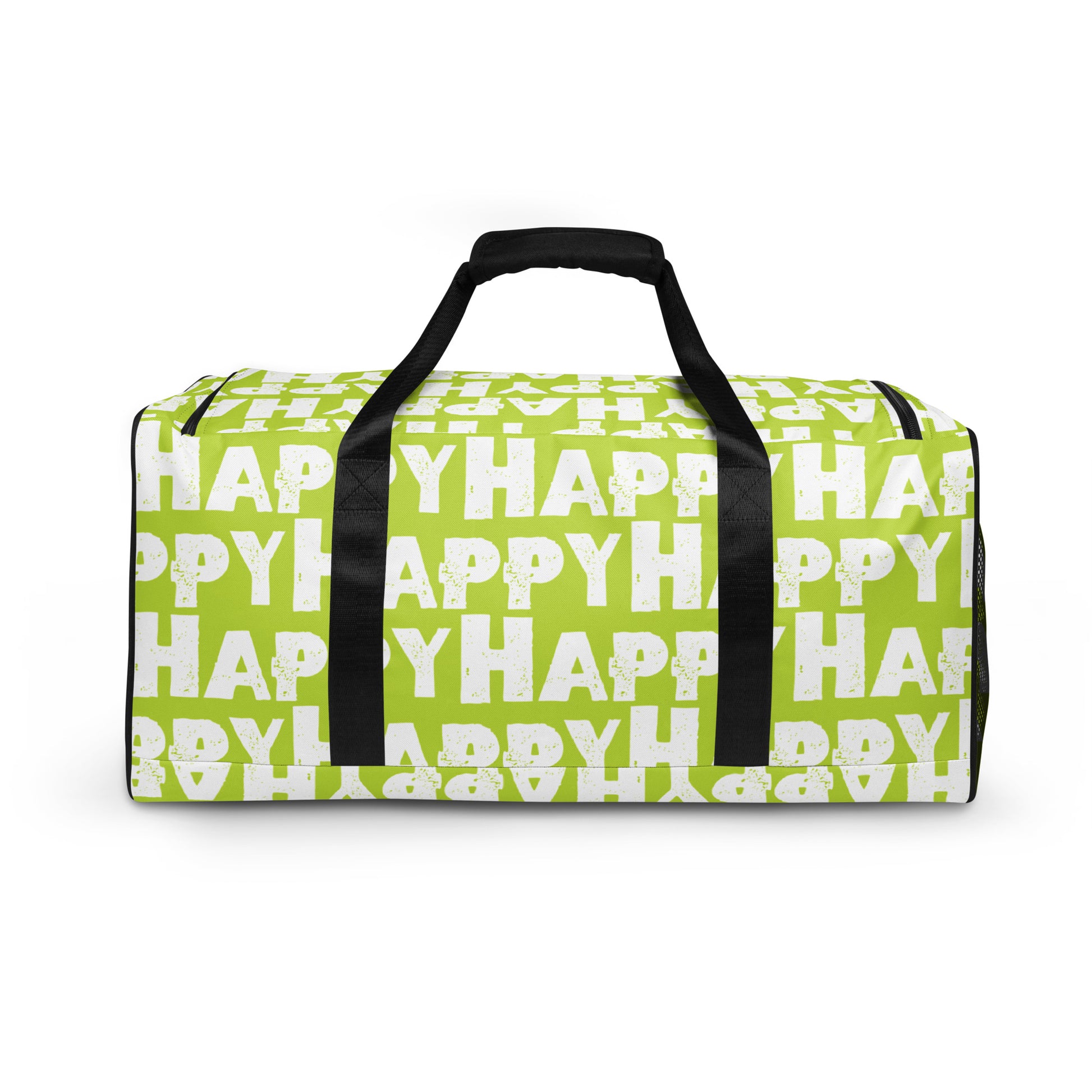 Side view Duffle bag Happy sponge print black and white on green water-resistant durable gym bag padded handles HappyStuff Brand