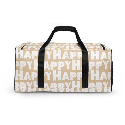 Side view Duffle bag Happy sponge print black and white on beige water-resistant durable gym bag padded handles HappyStuff Brand