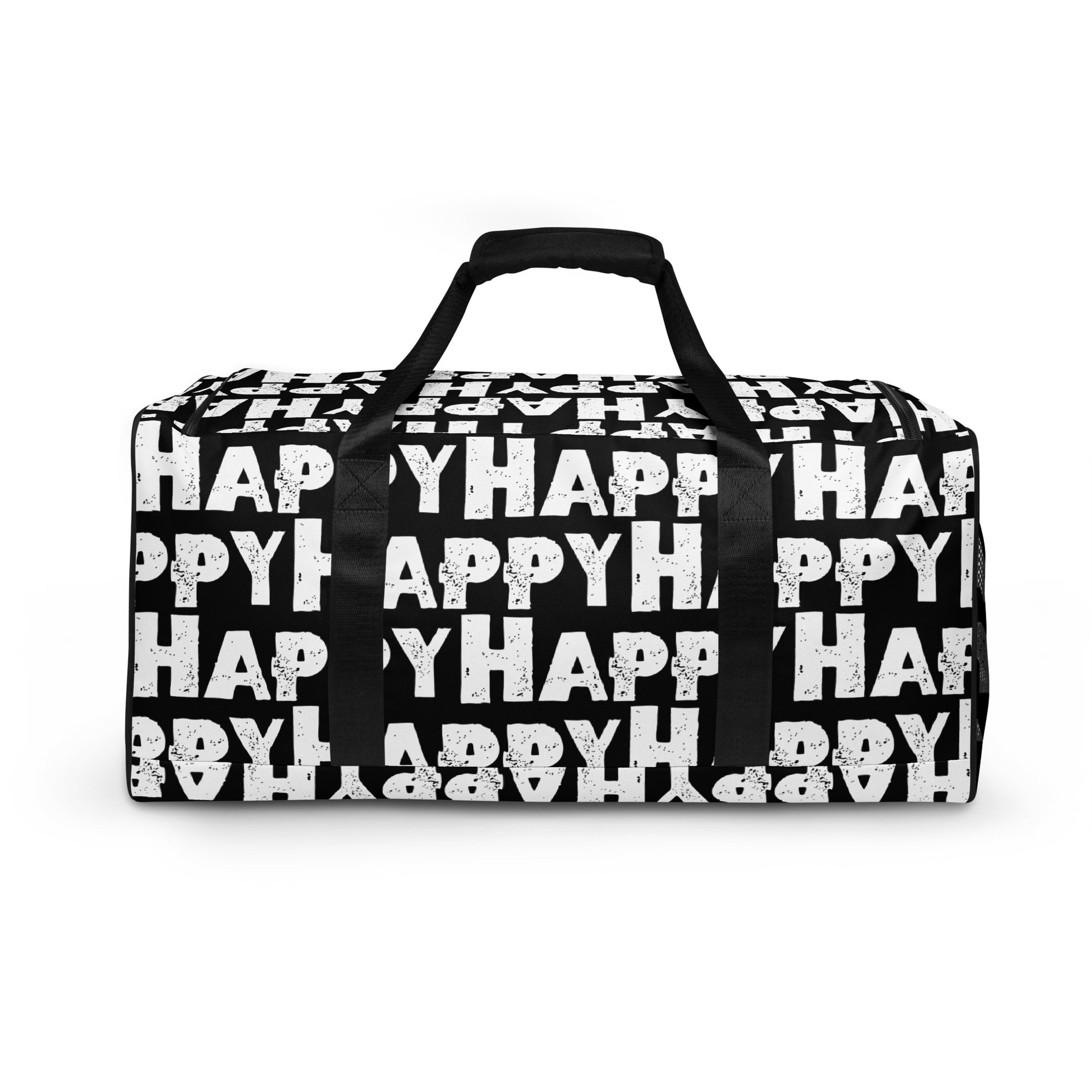 Side view Duffle bag Happy sponge print black and white water-resistant durable gym bag padded handles HappyStuff Brand