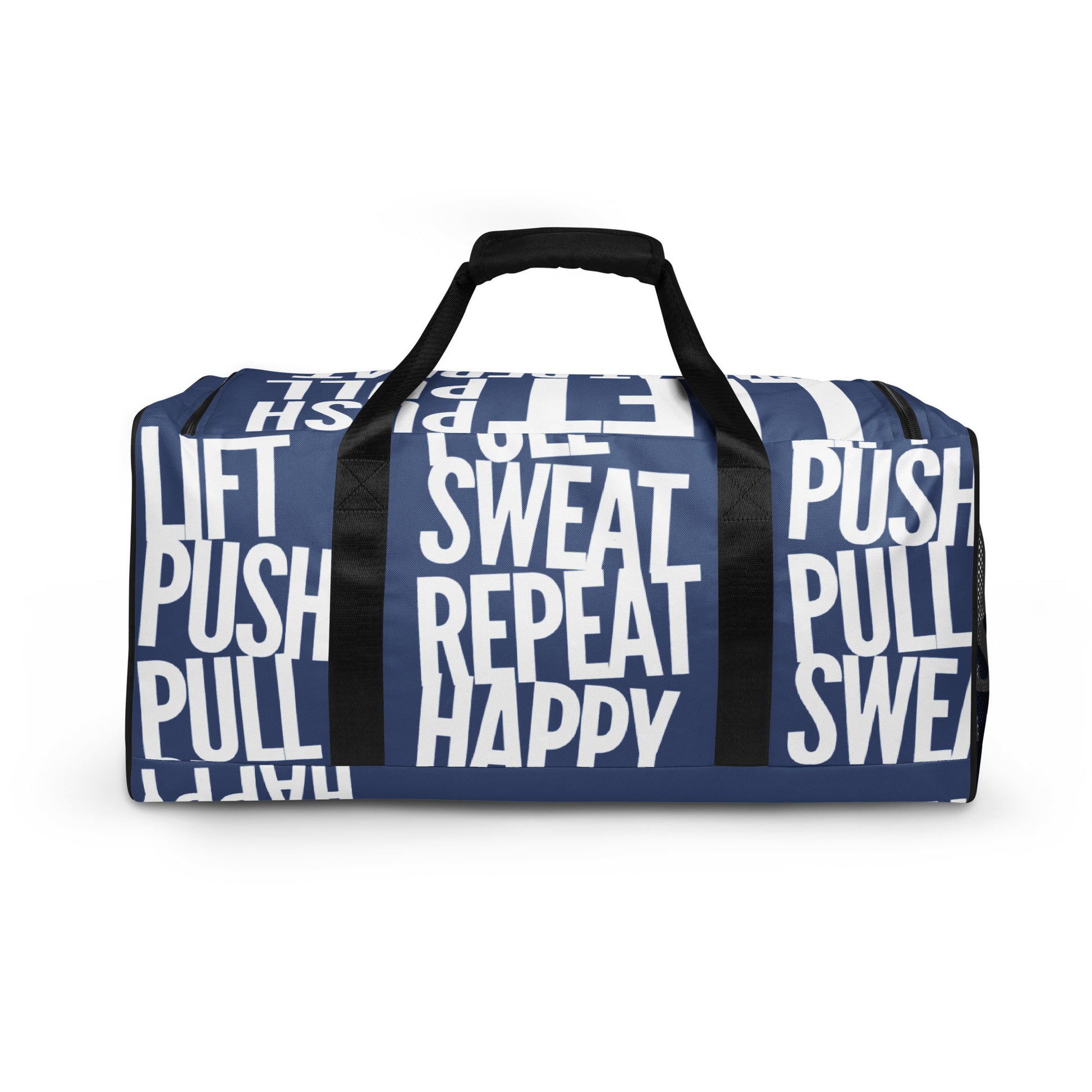 Side view Duffle bag Lift Push Pull Sweat Repeat Happy all over print denim blue and white gym bag padded handles HappyStuff Brand