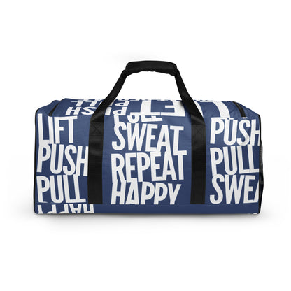 Side view Duffle bag Lift Push Pull Sweat Repeat Happy all over print denim blue and white gym bag padded handles HappyStuff Brand