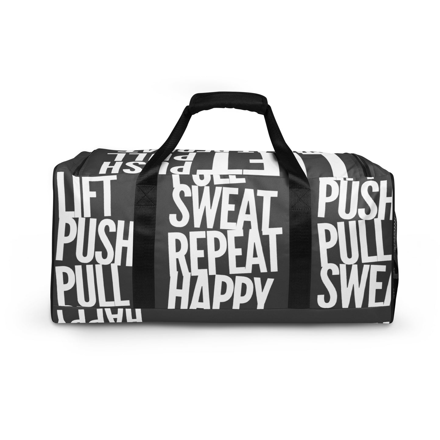 Side view Duffle bag Lift Push Pull Sweat Repeat Happy all over print slate grey and white gym bag padded handles HappyStuff Brand