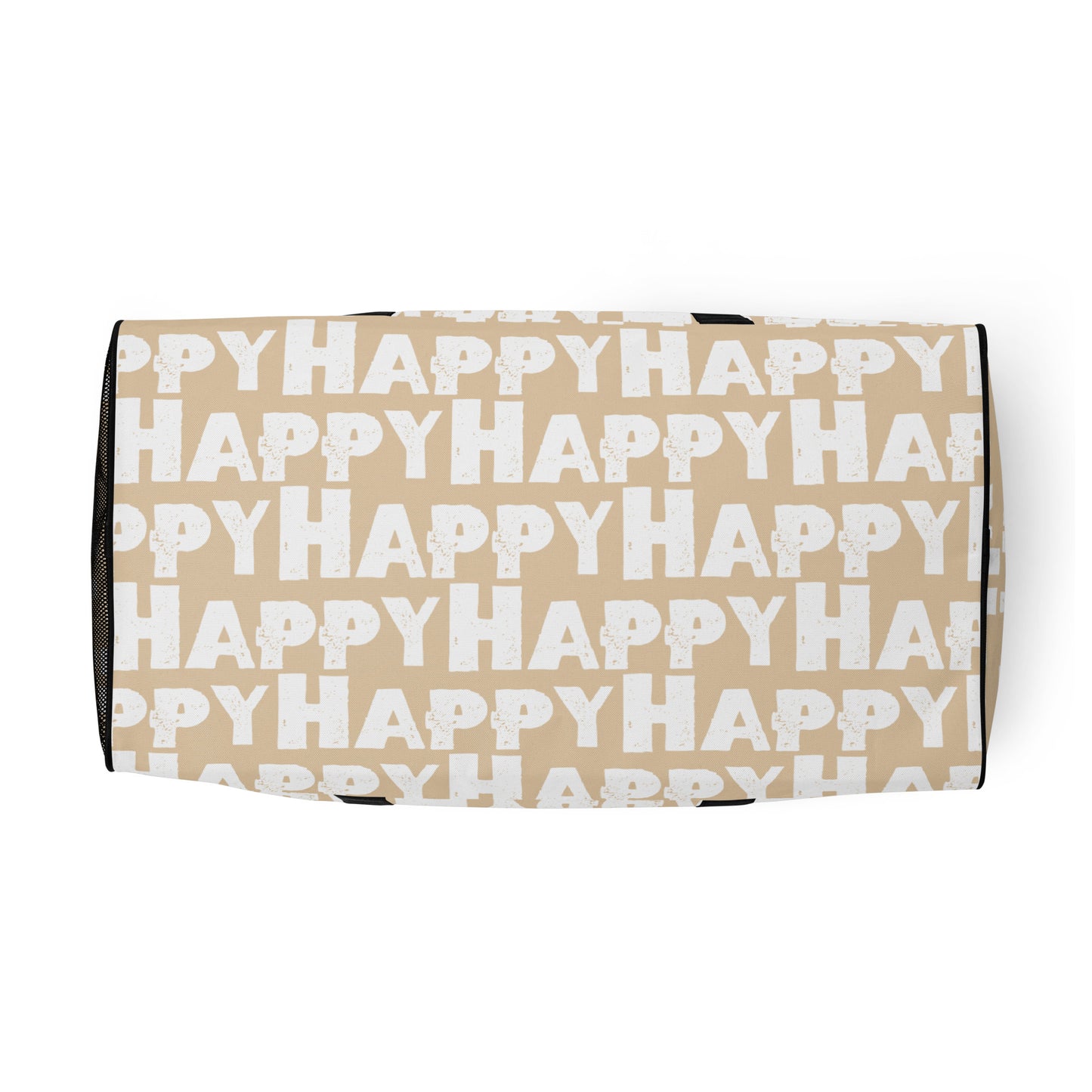 Underside view Duffle bag Happy sponge print black and white on beige water-resistant durable gym bag HappyStuff Brand