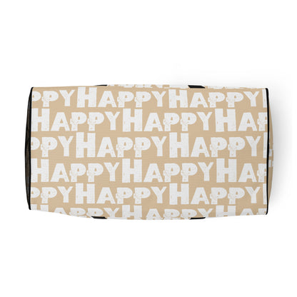 Underside view Duffle bag Happy sponge print black and white on beige water-resistant durable gym bag HappyStuff Brand