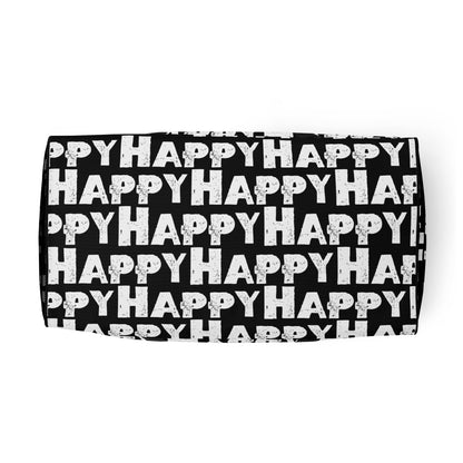 Underside view Duffle bag Happy sponge print black and white water-resistant durable gym bag HappyStuff Brand