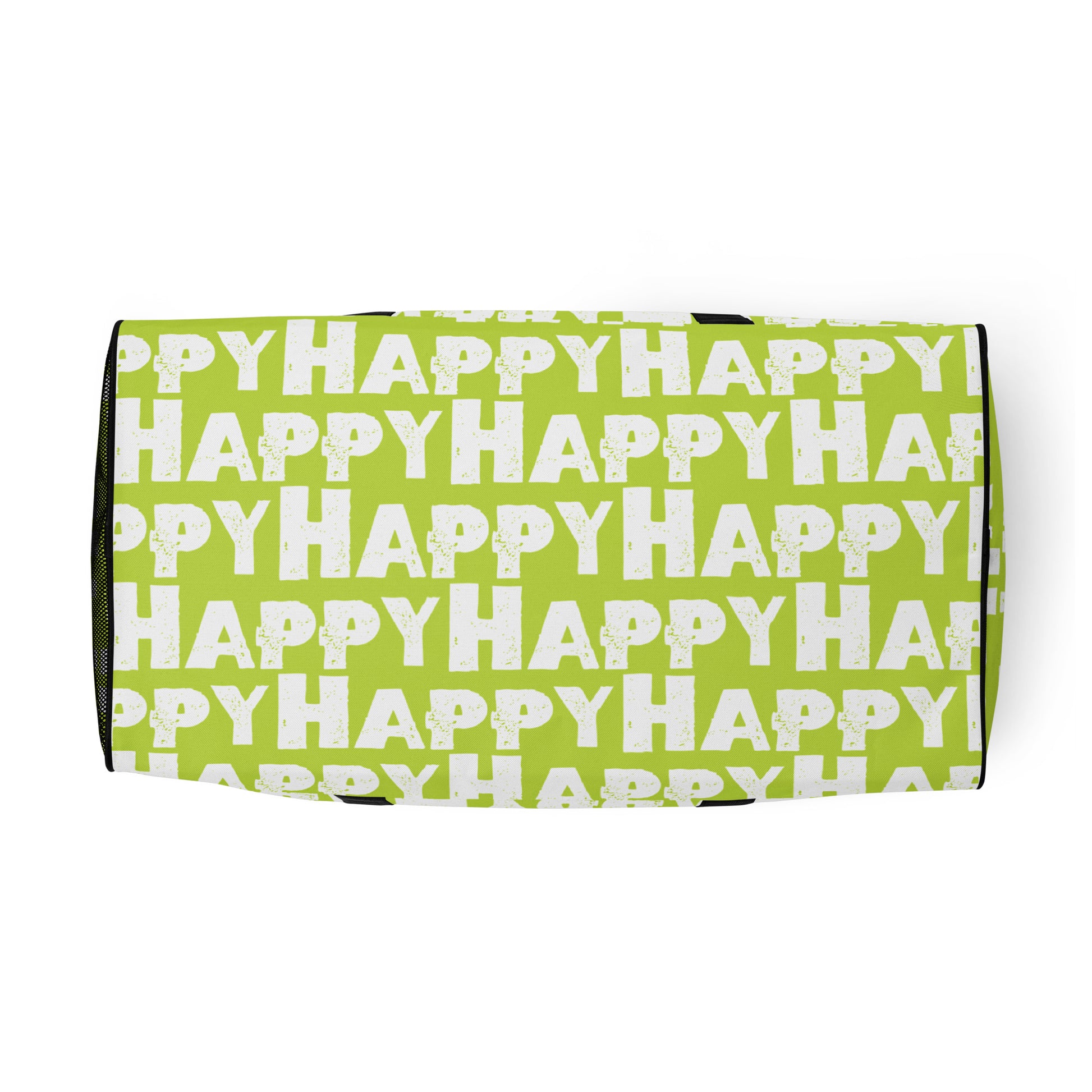 Underside view Duffle bag Happy sponge print black and white on green water-resistant durable gym bag HappyStuff Brand