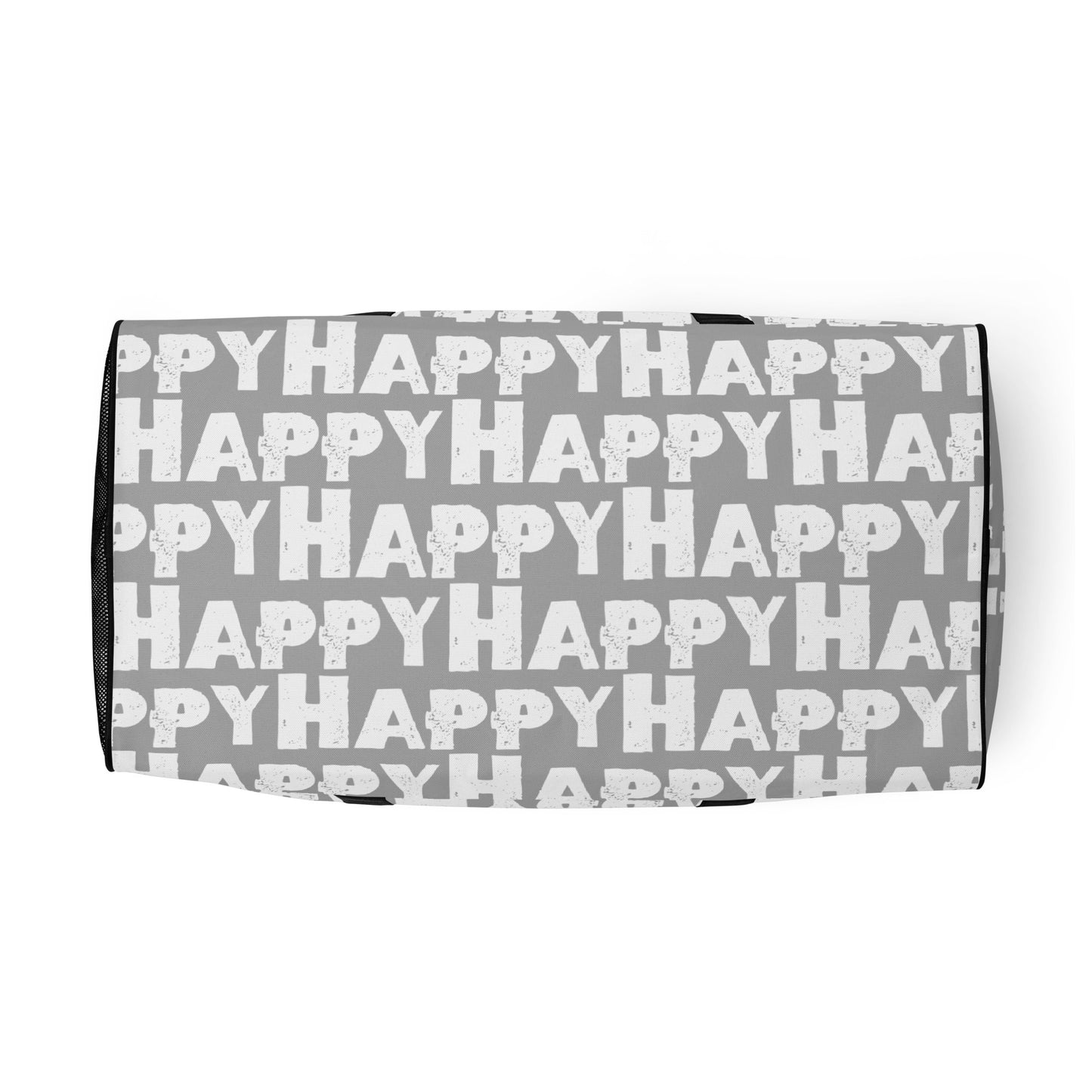 Underside view Duffle bag Happy sponge print black and white on grey water-resistant durable gym bag HappyStuff Brand