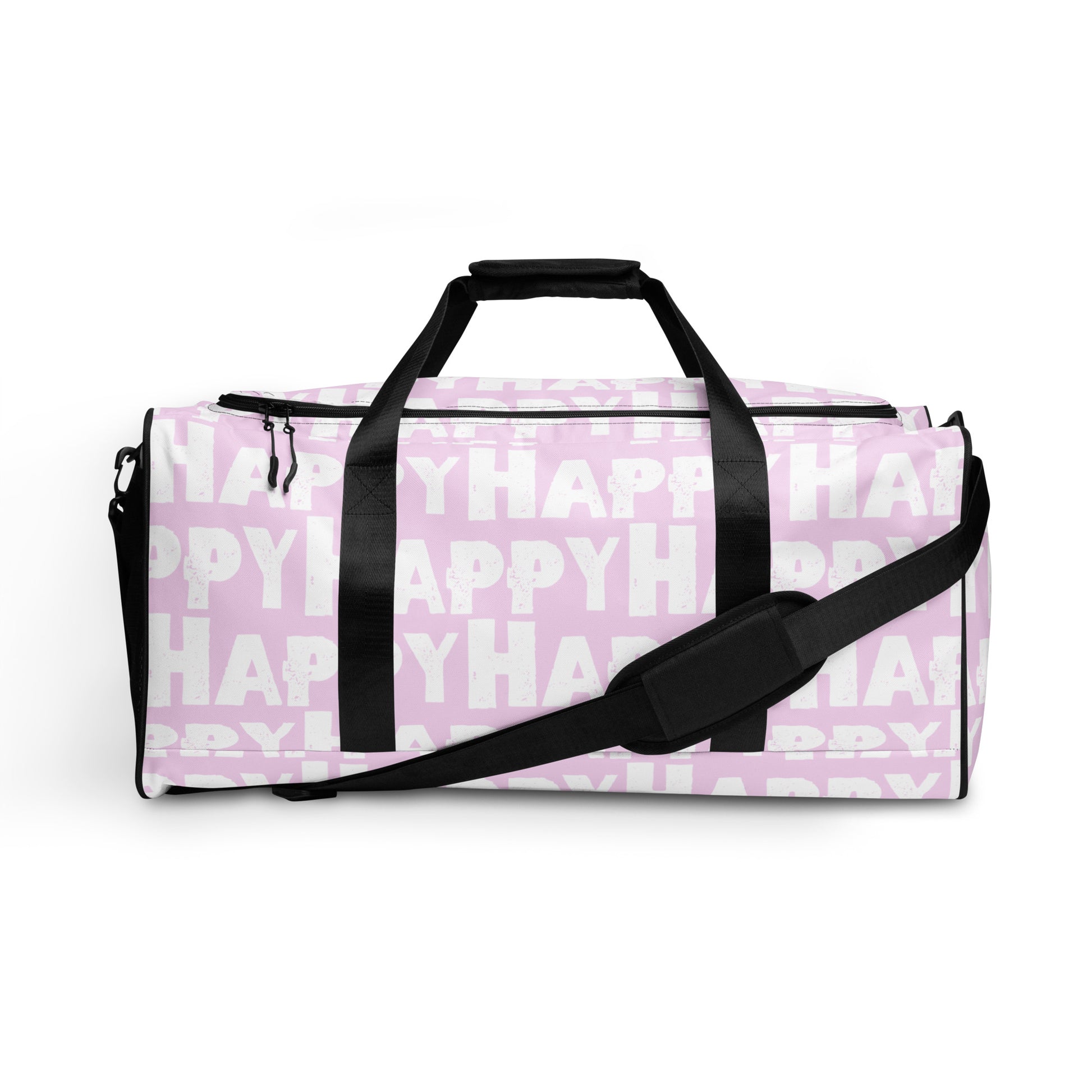 Duffle bag Happy sponge print black and white on pink water-resistant durable gym bag adjustable shoulder strap padded handles HappyStuff Brand