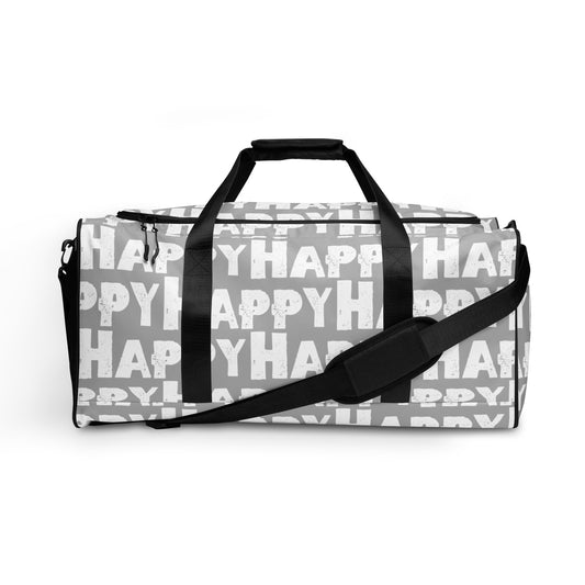 Duffle bag Happy sponge print black and white on grey water-resistant durable gym bag adjustable shoulder strap padded handles HappyStuff Brand