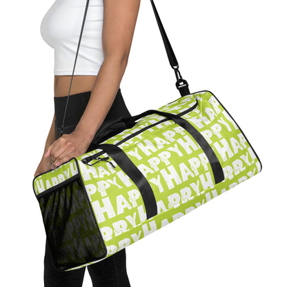 Duffle bag Happy sponge print black and white on green water-resistant durable gym bag HappyStuff Brand Side view hanging on womans left shoulder