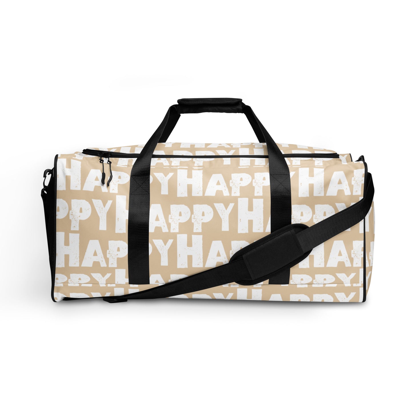 Duffle bag Happy sponge print black and white on beige water-resistant durable gym bag adjustable shoulder strap padded handles HappyStuff Brand