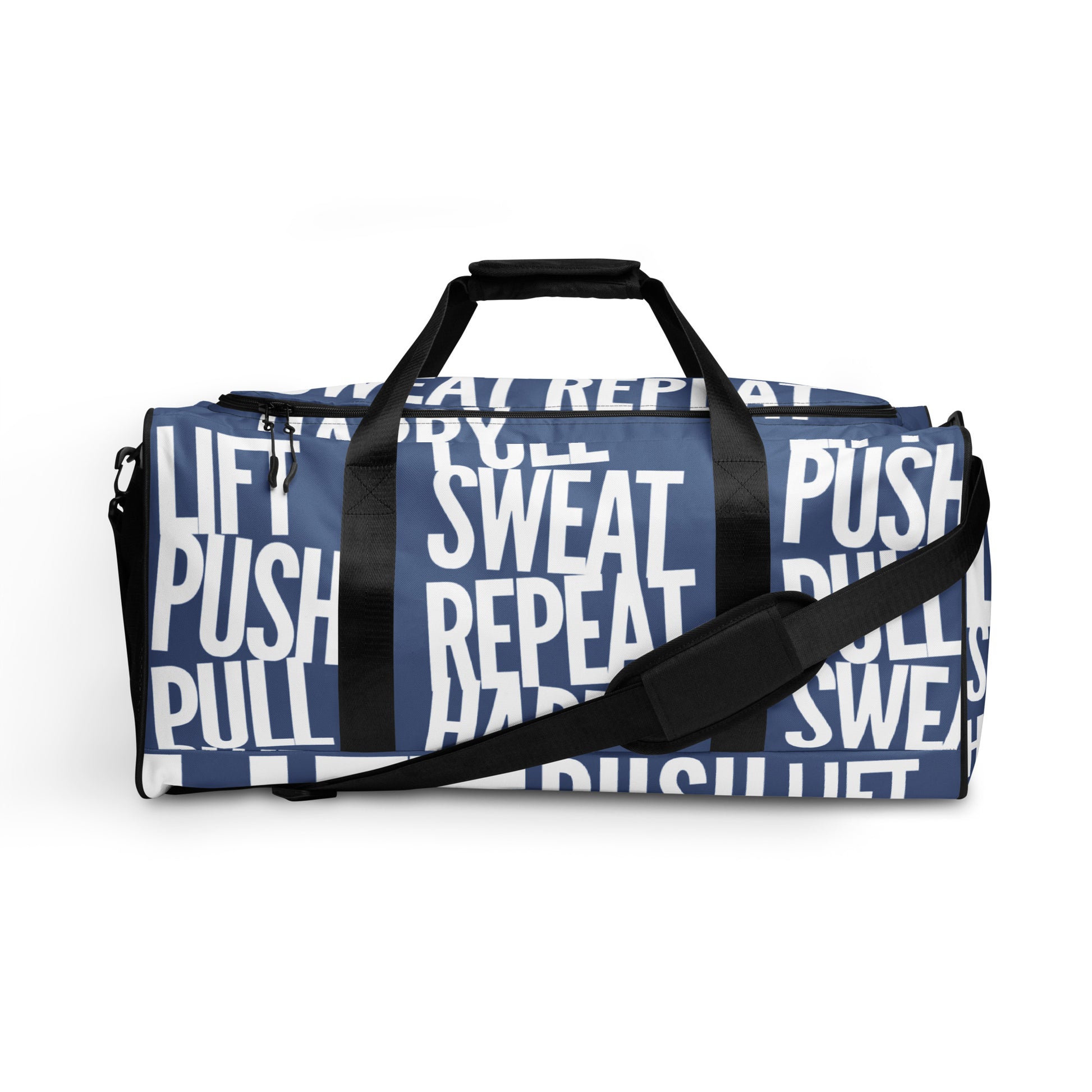 Side view Duffle bag Lift Push Pull Sweat Repeat Happy all over print denim blue and white gym bag adjustable shoulder strap padded handles HappyStuff Brand