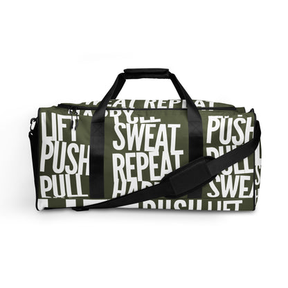 Side view Duffle bag Lift Push Pull Sweat Repeat Happy all over print khaki green and white gym bag adjustable shoulder strap padded handles HappyStuff Brand