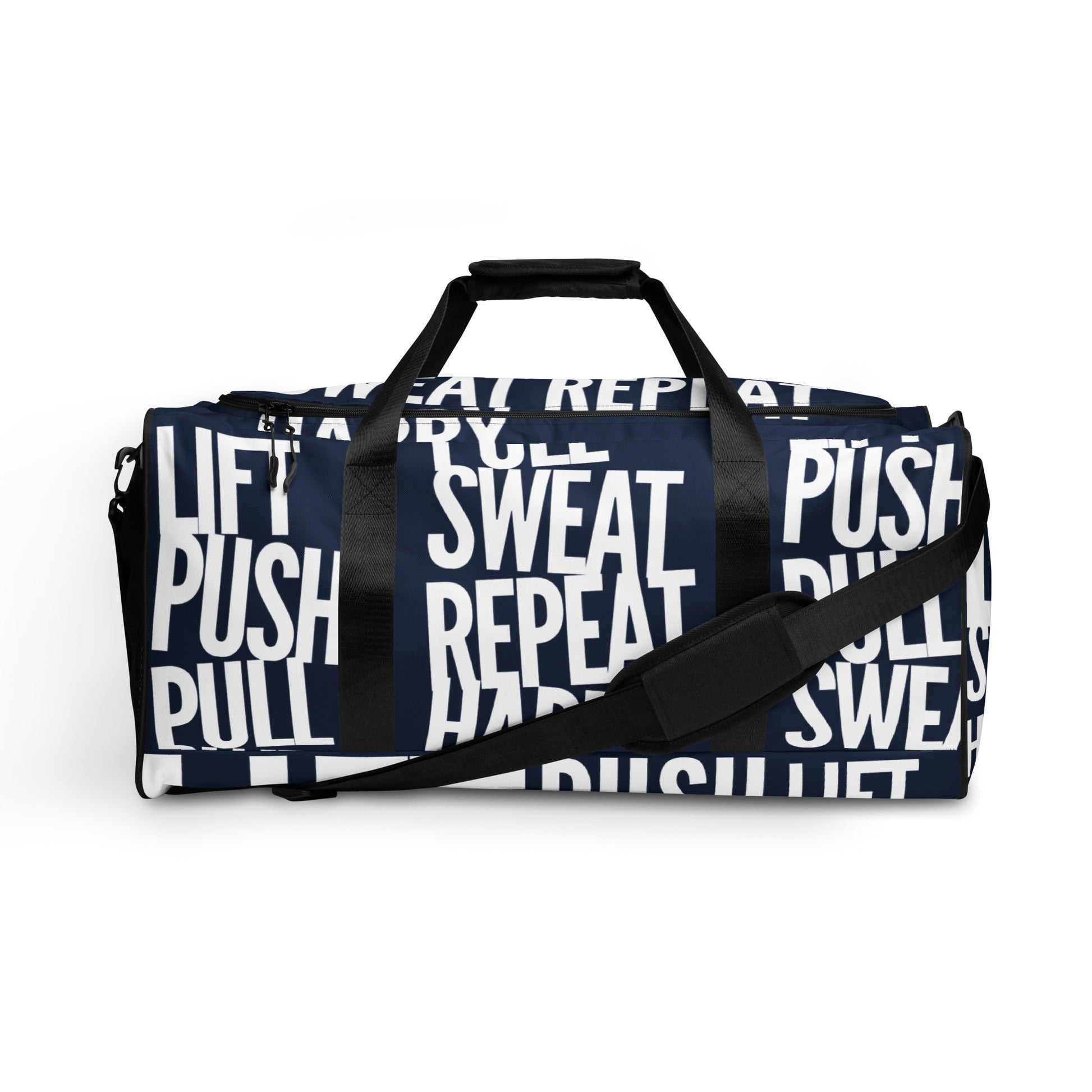 Side view Duffle bag Lift Push Pull Sweat Repeat Happy all over print navy blue and white gym bag adjustable shoulder strap padded handles HappyStuff Brand