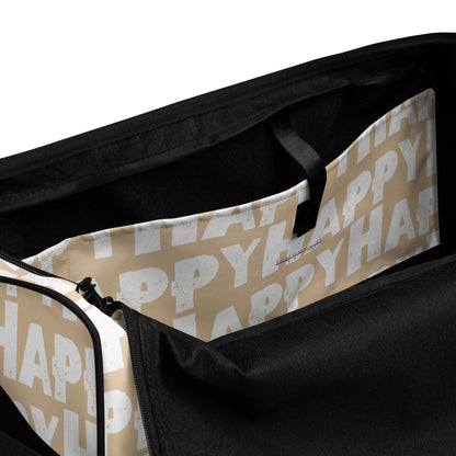 Duffle bag Happy sponge print black and white on beige water-resistant durable gym bag view of inner pocket HappyStuff Brand