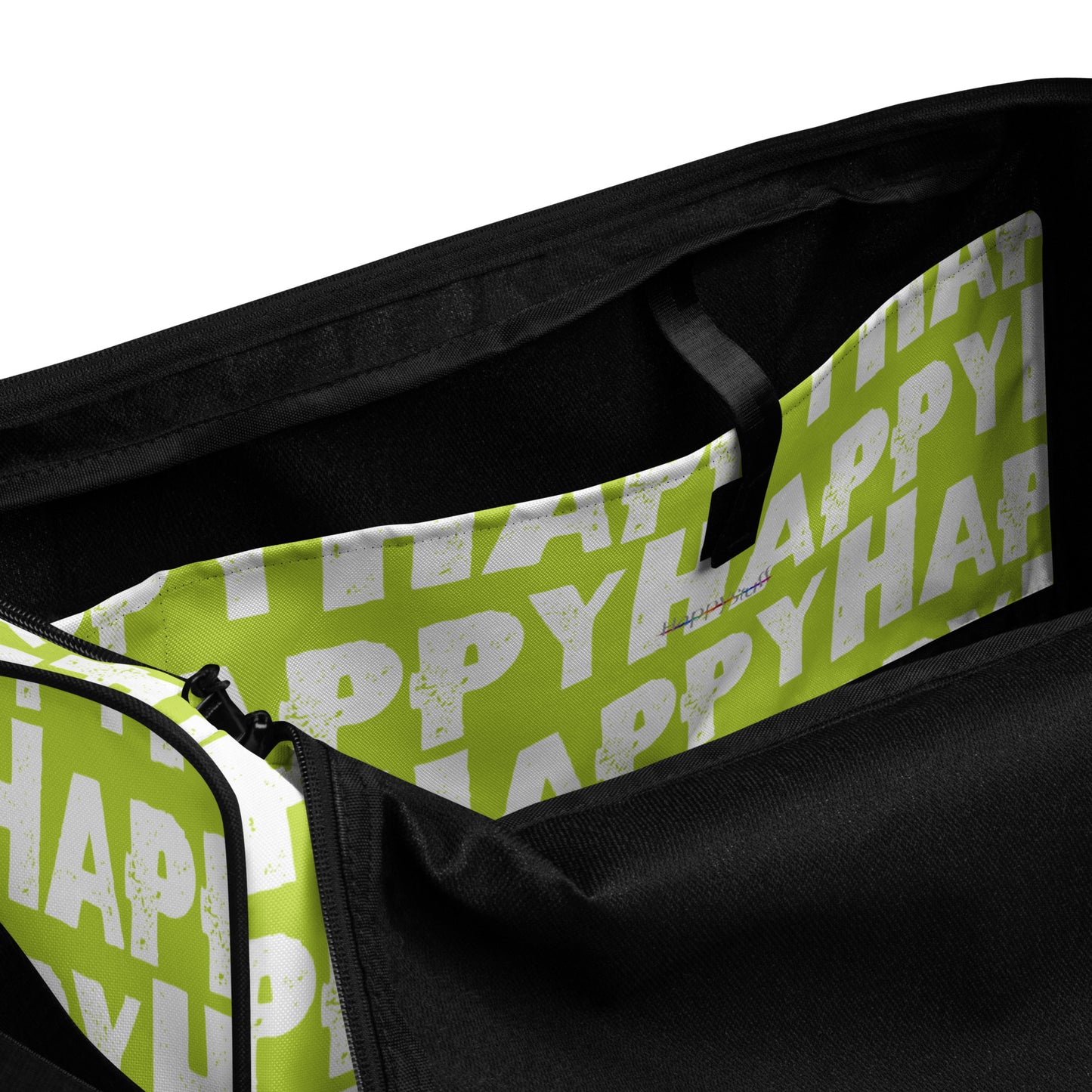 Duffle bag Happy sponge print black and white on green water-resistant durable gym bag view of inner pocket HappyStuff Brand