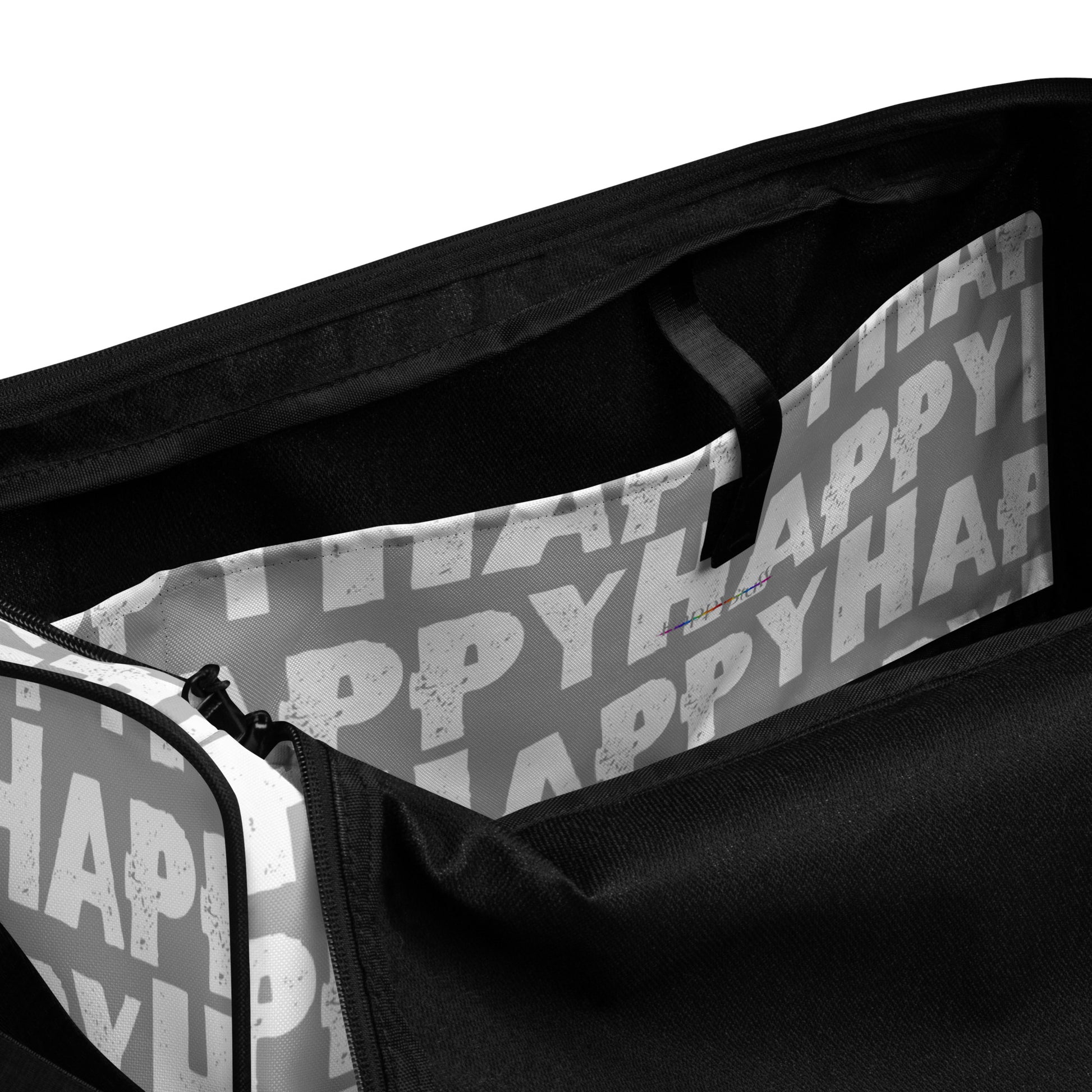 Duffle bag Happy sponge print black and white on grey water-resistant durable gym bag view of inner pocket HappyStuff Brand