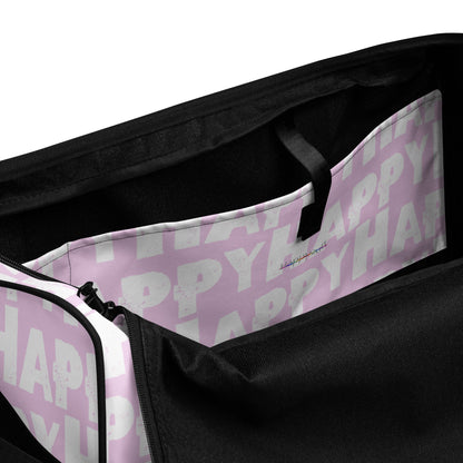 Duffle bag Happy sponge print black and white on pink water-resistant durable gym bag view of inner pocket HappyStuff Brand