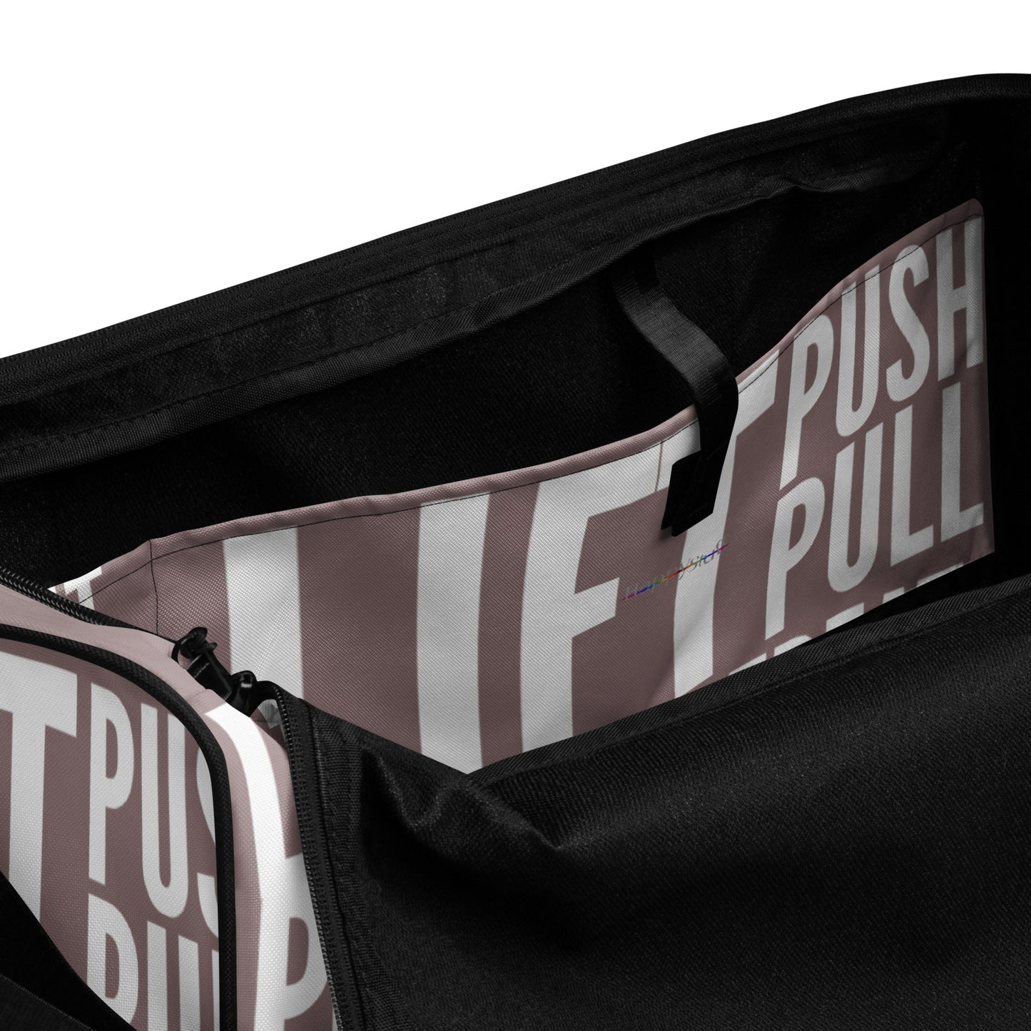 Duffle bag Lift Push Pull Sweat Repeat Happy all over print taupe and white gym bag view of inner pocket HappyStuff Brand