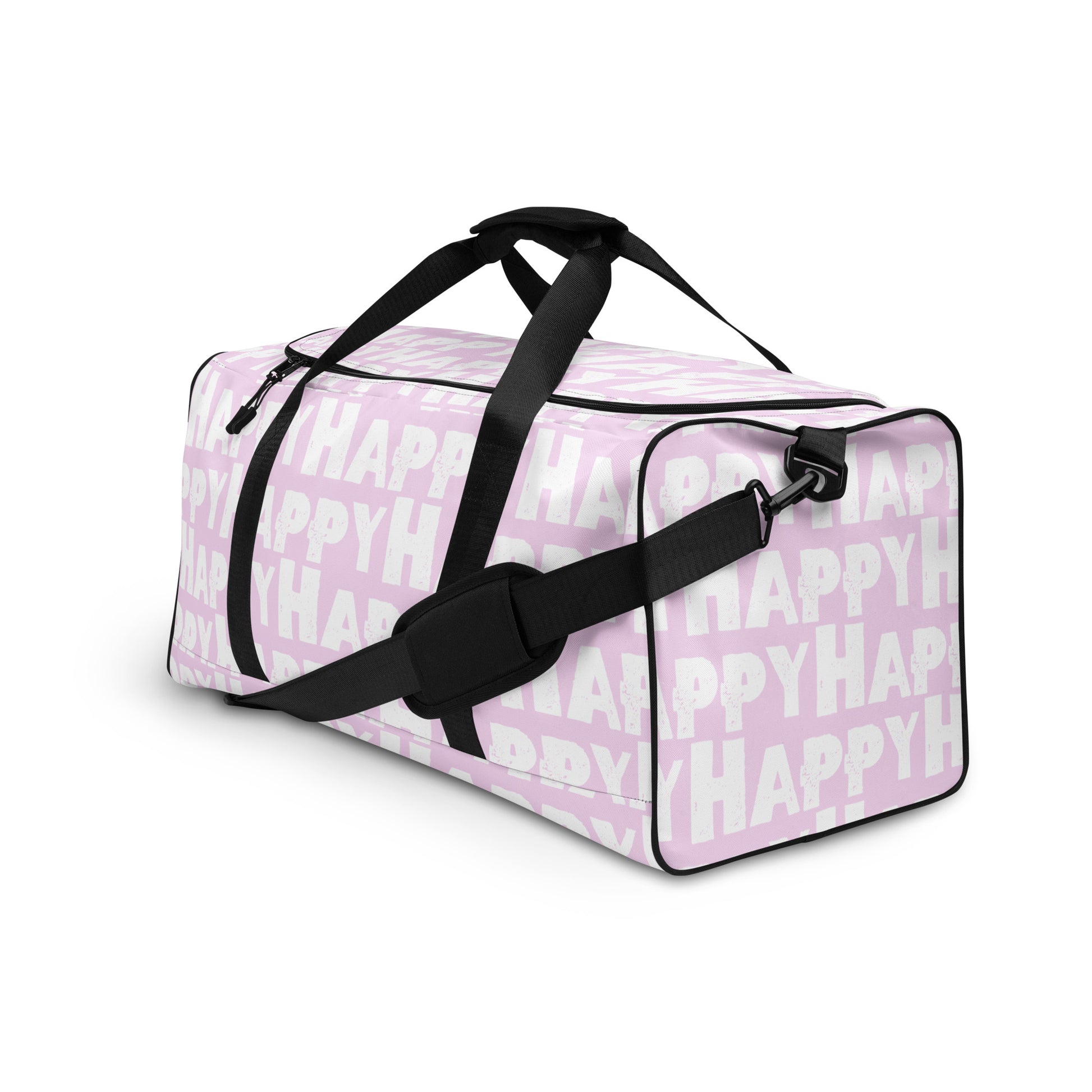 Duffle bag Happy sponge print black and white on pink water-resistant durable gym bag adjustable shoulder strap padded handles front side angle HappyStuff Brand