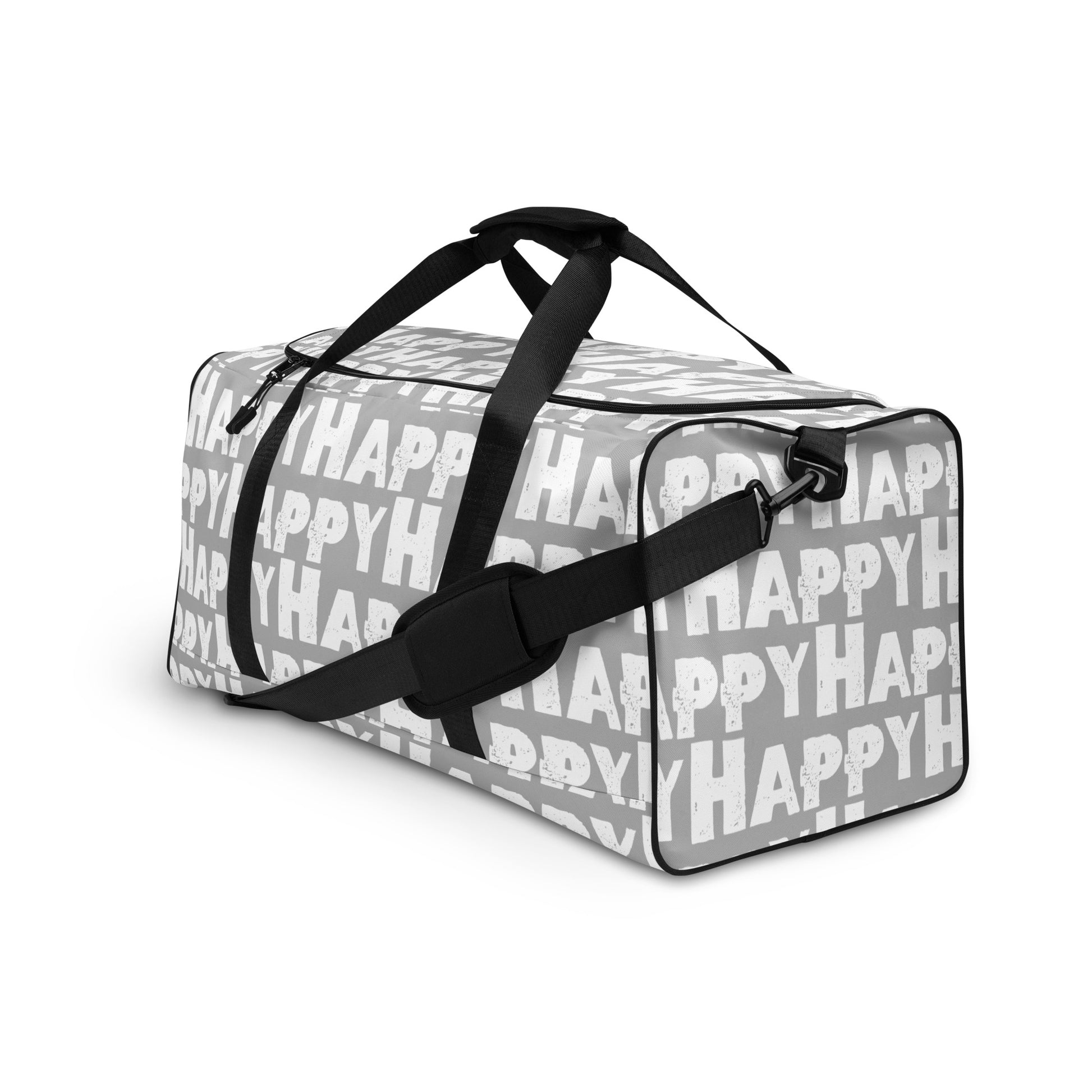 Duffle bag Happy sponge print black and white on grey water-resistant durable gym bag adjustable shoulder strap padded handles front side angle HappyStuff Brand