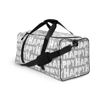 Duffle bag Happy sponge print black and white on grey water-resistant durable gym bag adjustable shoulder strap padded handles front side angle HappyStuff Brand