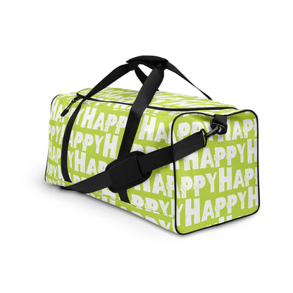 Duffle bag Happy sponge print black and white on green water-resistant durable gym bag adjustable shoulder strap padded handles front side angle HappyStuff Brand