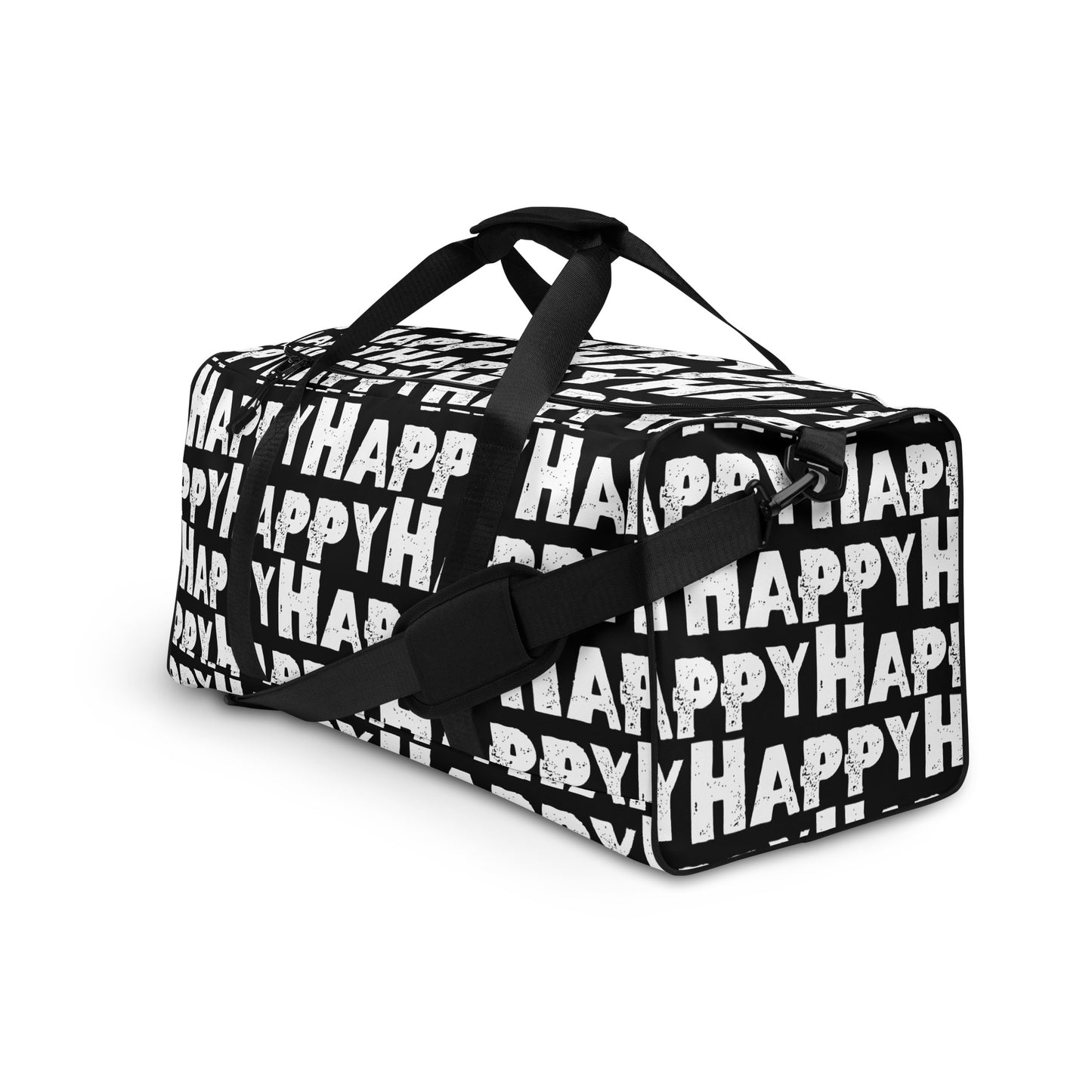 Duffle bag Happy sponge print black and white water-resistant durable gym bag adjustable shoulder strap padded handles front side angle HappyStuff Brand