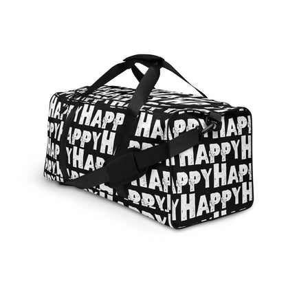 Duffle bag Happy sponge print black and white water-resistant durable gym bag adjustable shoulder strap padded handles front side angle HappyStuff Brand