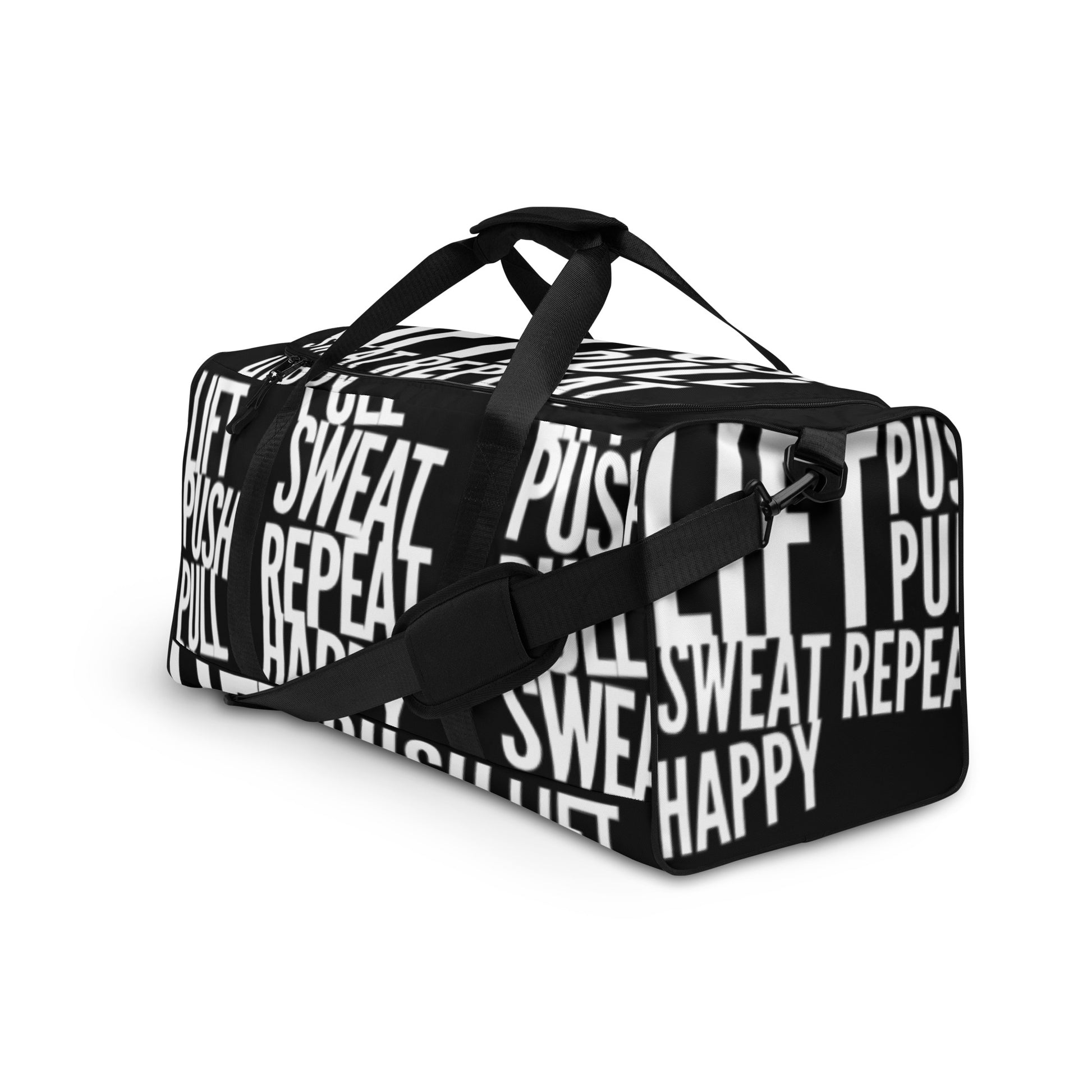 Duffle bag Lift Push Pull Sweat Repeat Happy all over print black and white gym bag adjustable shoulder strap padded handles front side angle HappyStuff Brand