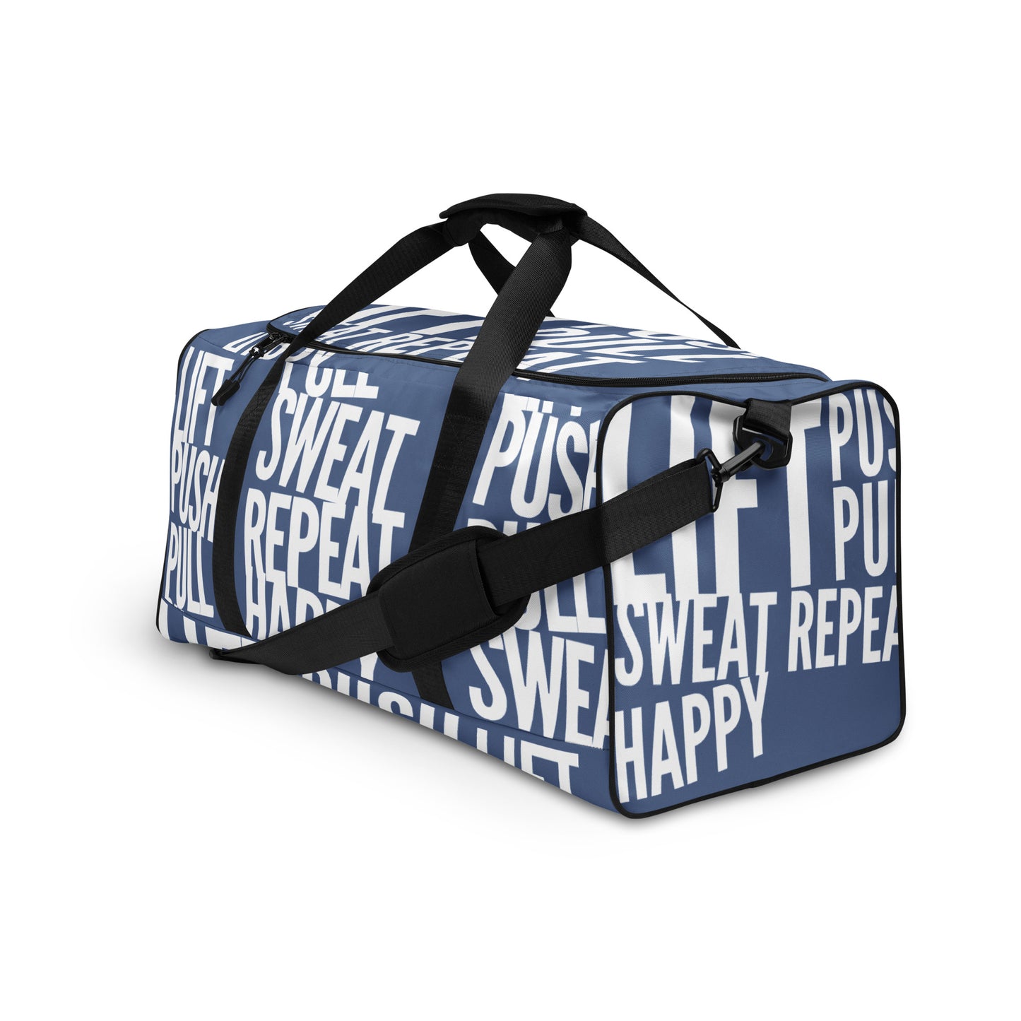 Duffle bag Lift Push Pull Sweat Repeat Happy all over print denim blue and white gym bag adjustable shoulder strap padded handles front side angle HappyStuff Brand