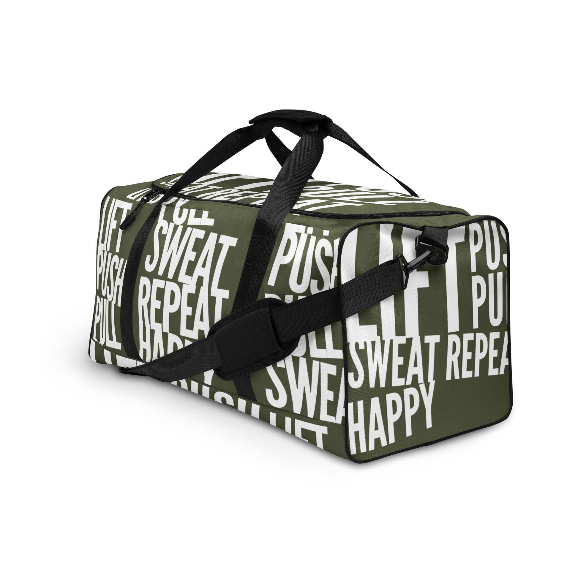 Duffle bag Lift Push Pull Sweat Repeat Happy all over print khaki green and white gym bag adjustable shoulder strap padded handles front side angle HappyStuff Brand