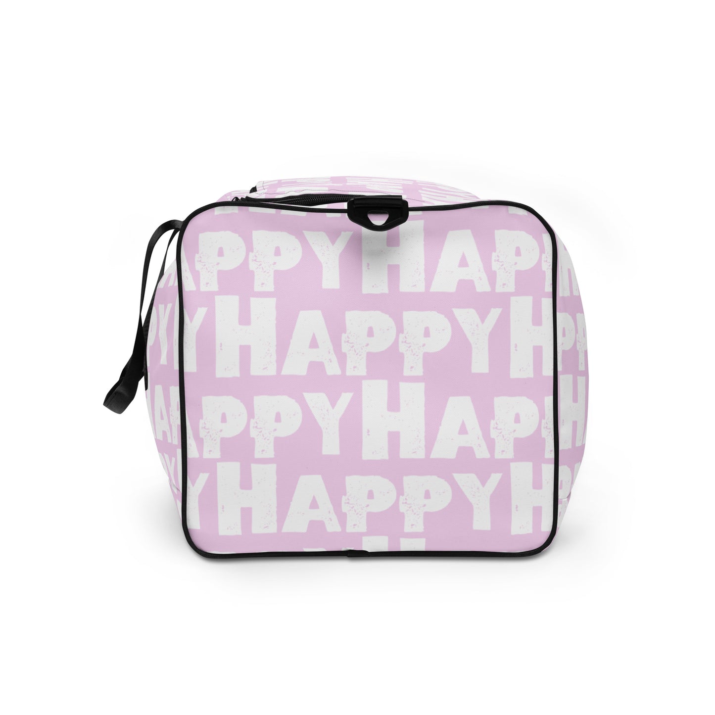 End view Duffle bag Happy sponge print black and white on pink water-resistant durable gym bag HappyStuff Brand