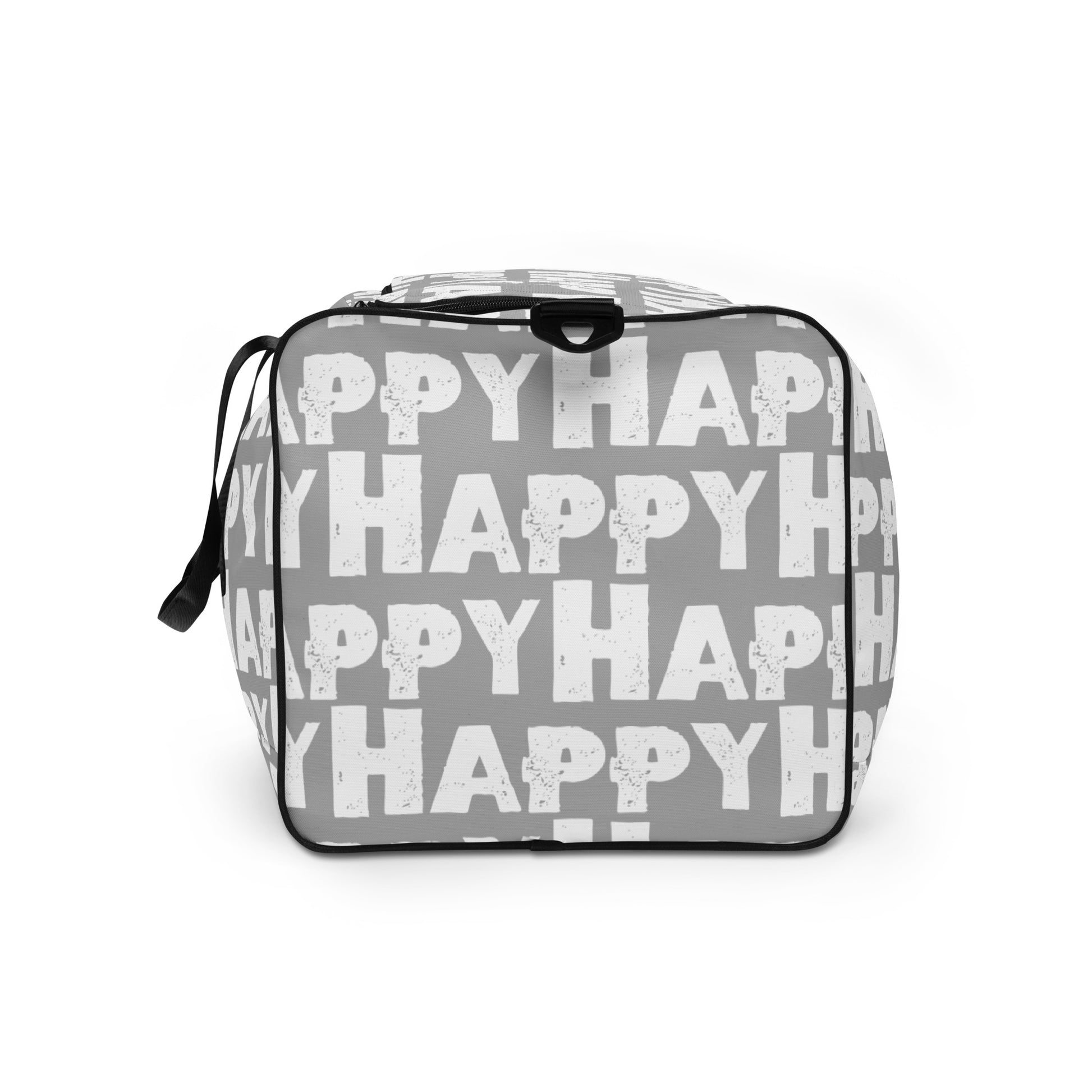 End view Duffle bag Happy sponge print black and white on grey water-resistant durable gym bag HappyStuff Brand