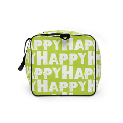 End view Duffle bag Happy sponge print black and white on green water-resistant durable gym bag HappyStuff Brand